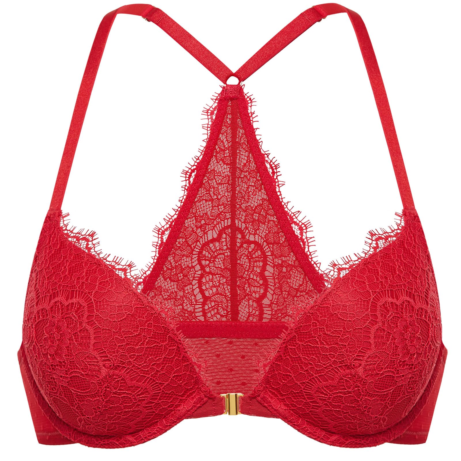 DOBREVA Women's Push Up Racerback Bra Front Closure Lace Halter Plunge Bras Padded Full Coverage Underwire