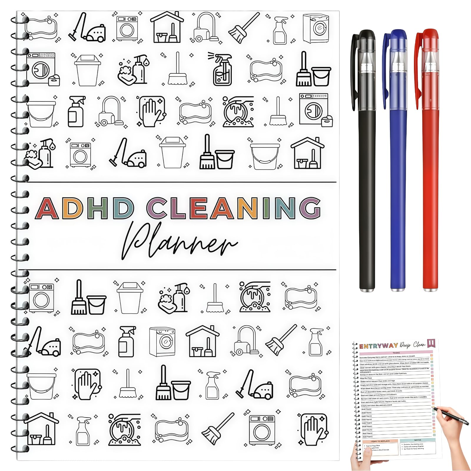 4 Pcs ADHD Cleaning Planner UK Set with Gel Pens, ADHD Planner Cleaning Schedule Planners, Checklist Daily Weekly Monthly Household Organizing Solutions To Do List