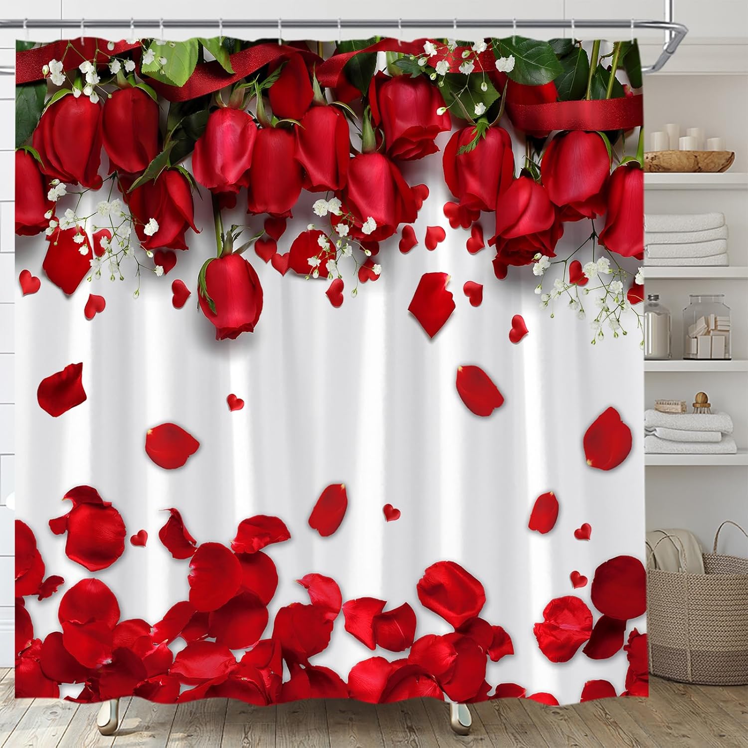 Blue Rose Shower Curtain Valentines Flower Romantic Floral Sweet Love Couple White Fabric Bathroom Decor Set Include Hooks,(70" Wx74.8 H)