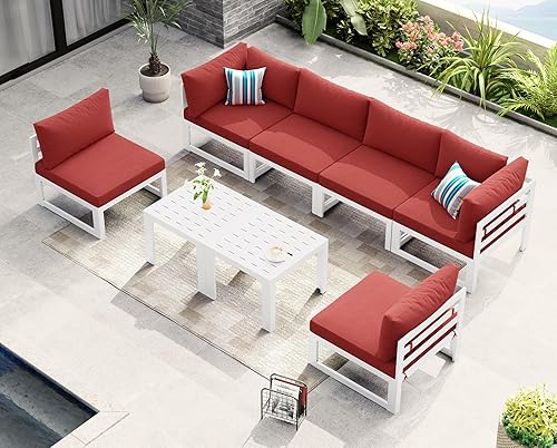 Miniatura 143 de NICESOUL 7 Piece White Powder-Coated Aluminum Patio Furniture with Fire Pit Table, 29 Inch Extra Wide Outdoor Sectional Sofa for 6, High-End Heavy
