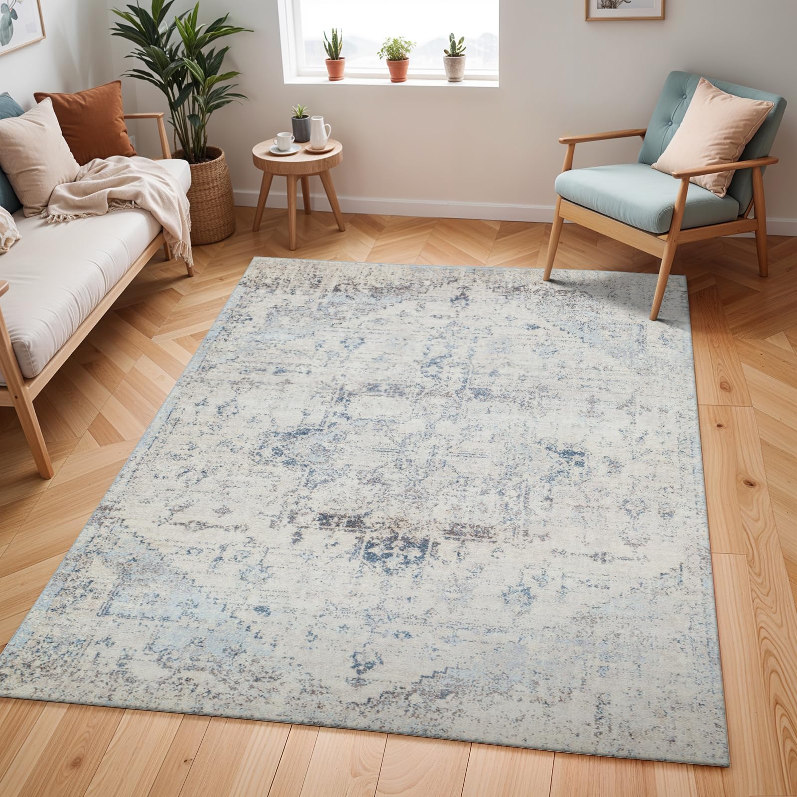 Livabliss Lya Tampa Vintage Carpet 140x200 cm, Living Room & Bedroom, Scandi Neutral, Traditional Boho Pattern, Easy Care Pile, Blue Cream