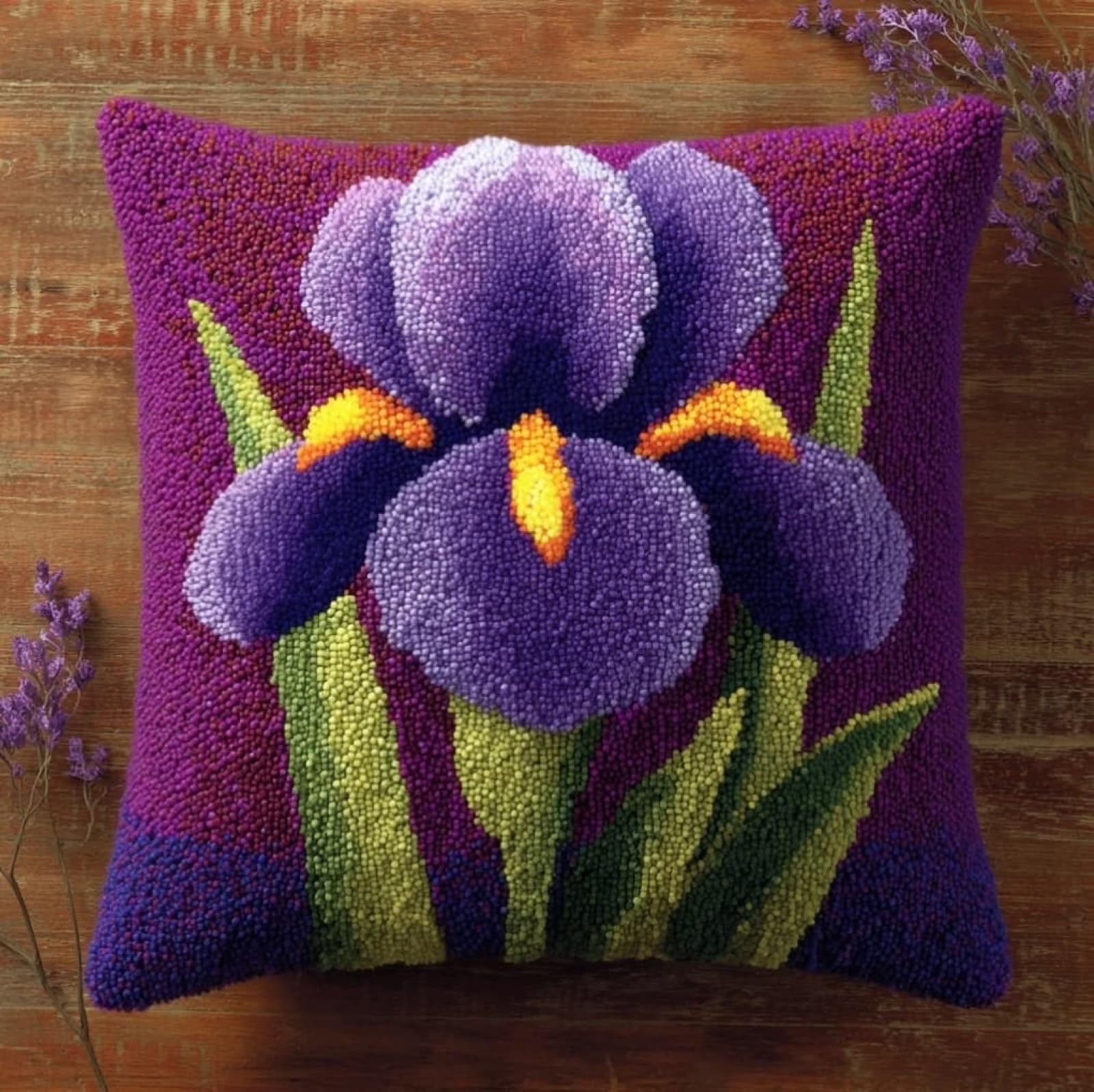 AxiangziK Latch Hook Pillow Making Set,Beautiful iris 43x43cm DIY Sofa Cushion Kit Suitable for Beginners and Experienced Crafters
