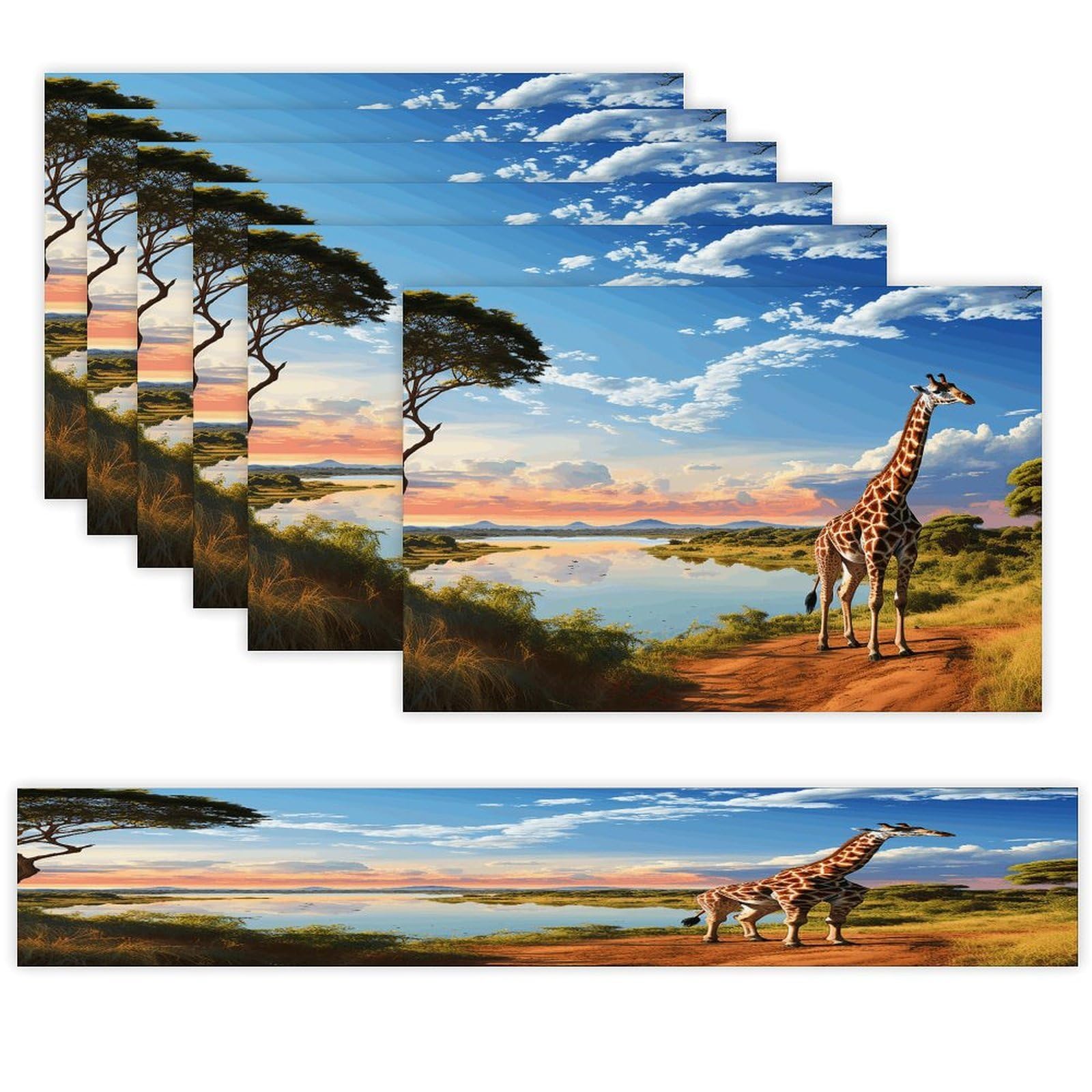 African Landscape with Nile River And Giraffe Table Runner And Placemats Set of 6 Wipe Clean Heat Resistant Table Mat with Table Runner Decorations Flax Linen Place Mat Set for Home Kitchen Party Supp
