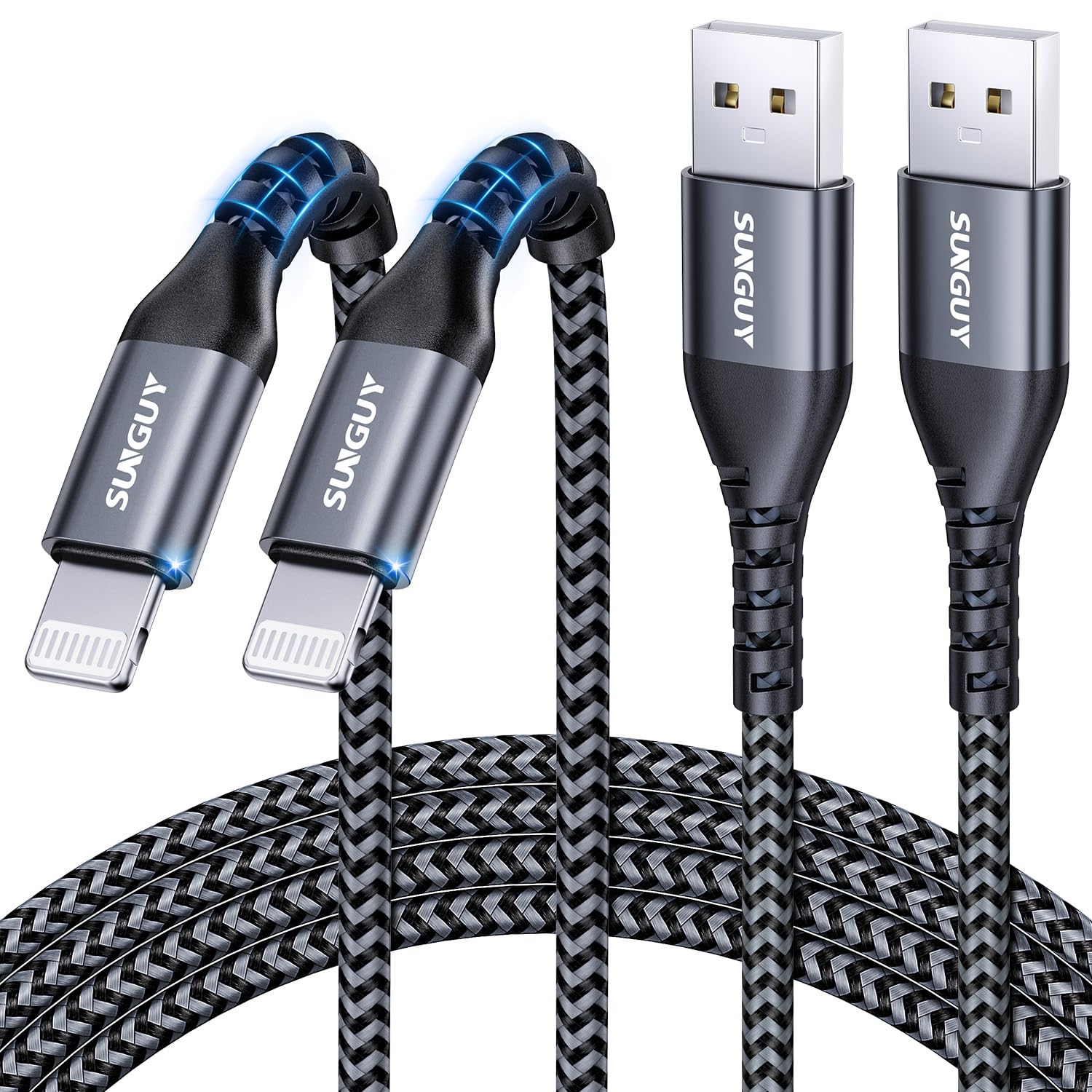 SUNGUY iPhone Ladekabel 2m, 2Stück MFi Zertifiziert USB auf Light-ning Kabel Nylon Ladekabel Schnellladekabel Kompatibel mit iPhone 14/13/12/11 Pro Max Mini Xs 8 7 6 5 Plus, iPad Air/Mini