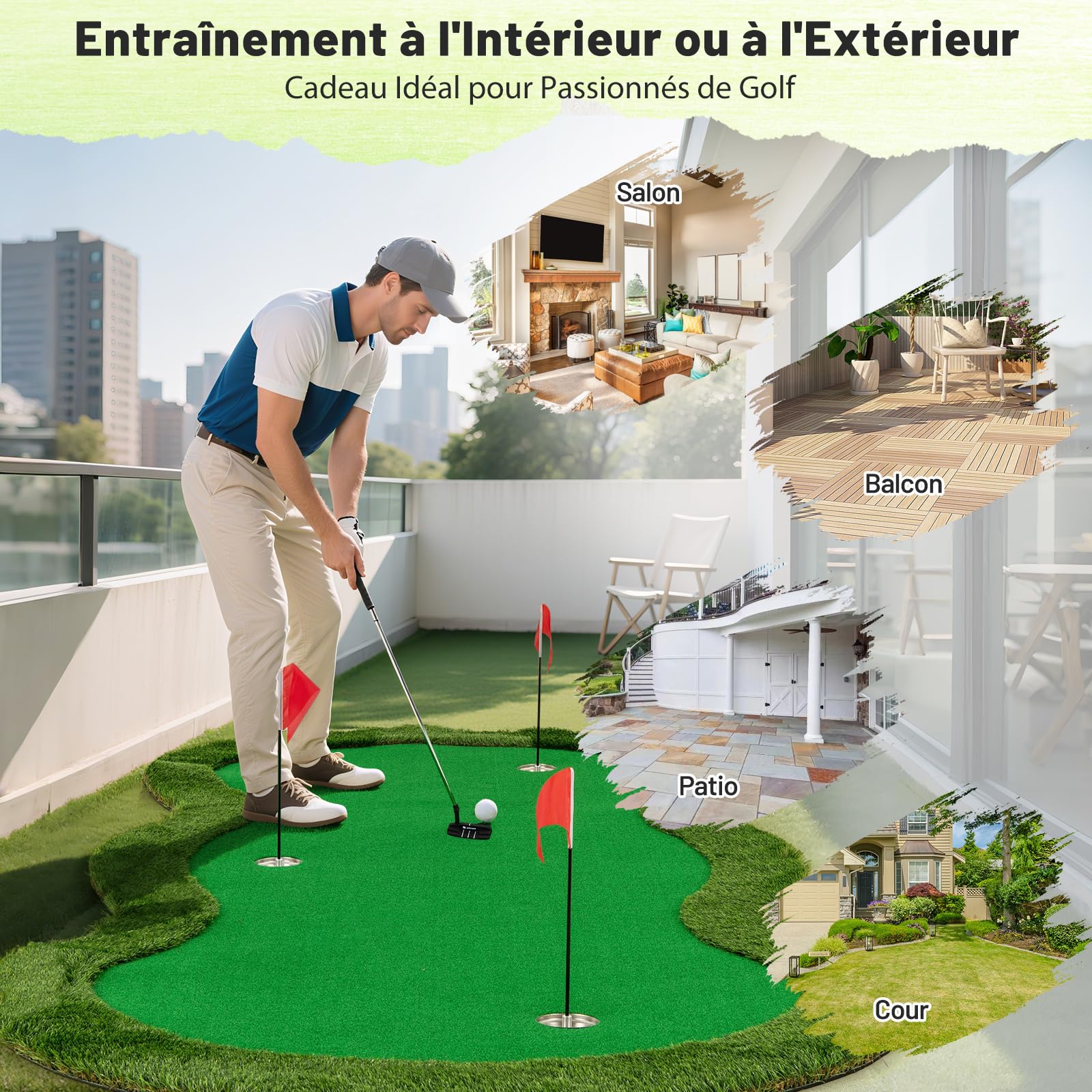 COSTWAY Tapis de Frappe de Golf 300 x 150 cm, Tapis d'Entraînement Professionnel avec 3 Trous et Balles de Golf, Green de Putting de Golf pour Intérieur & Extérieur