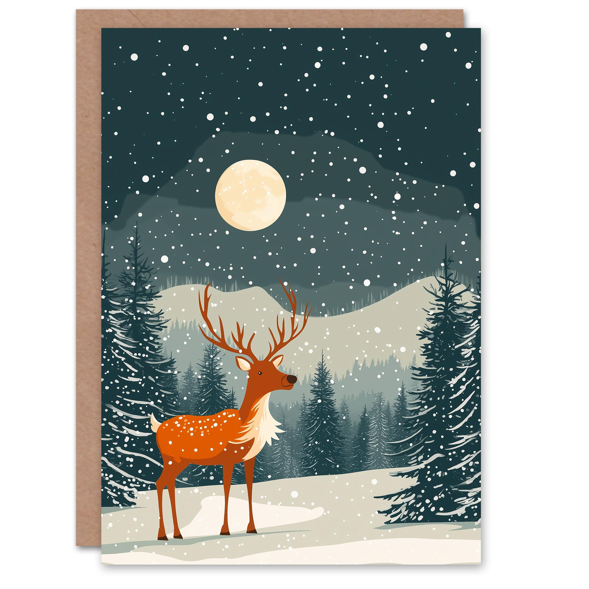 Artery8 Reindeer Moon North Pole Winter Snow Blank For Him Or Her Art Xmas Festive Christmas Card