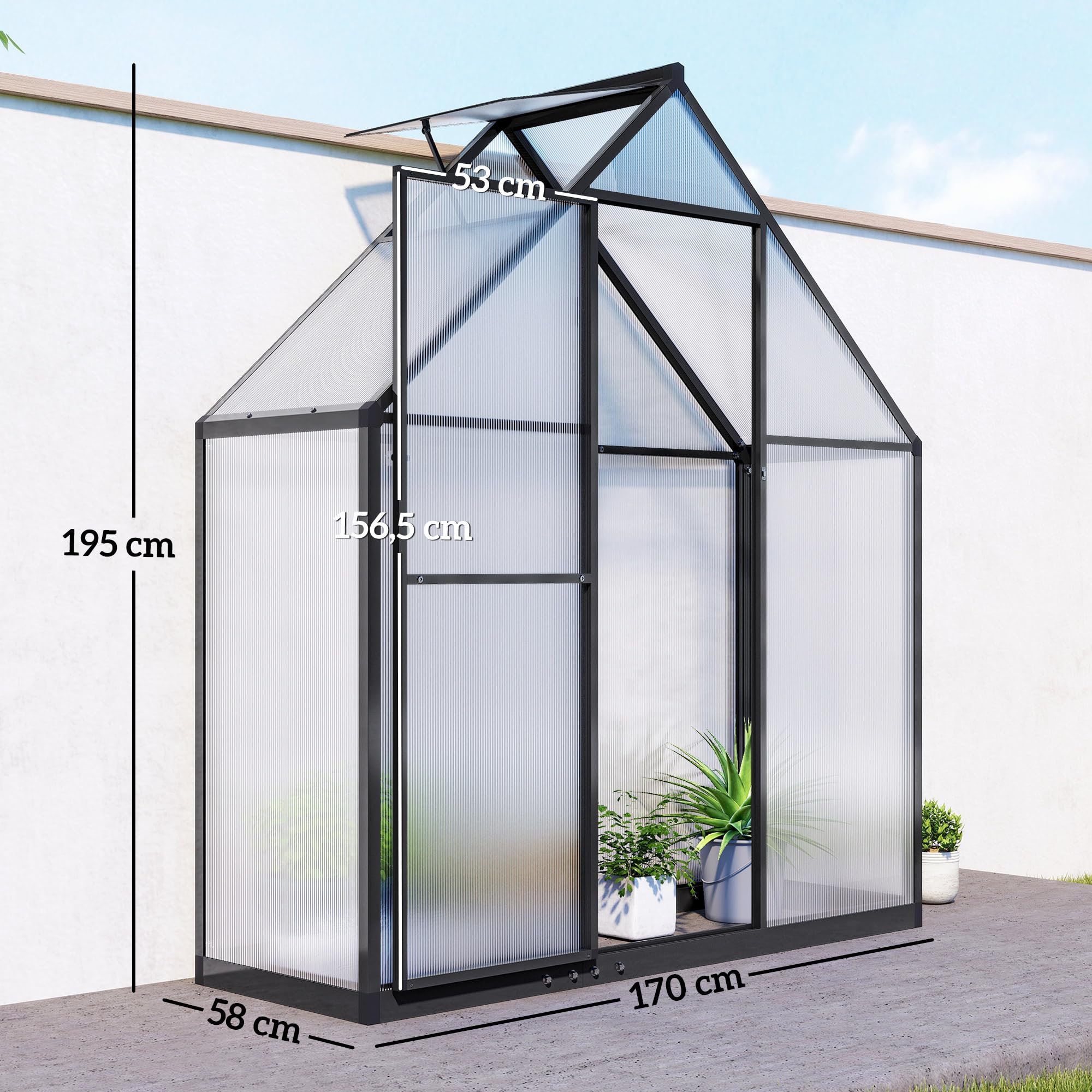 Outsunny Gewächshaus aus Aluminium und Polycarbonat, Gewächshaus mit verstellbarem Fenster und Flügeltür, wetterfestes Außenhaus für Pflanzen, Blumen, Gemüsegarten und Setzlinge, transparent