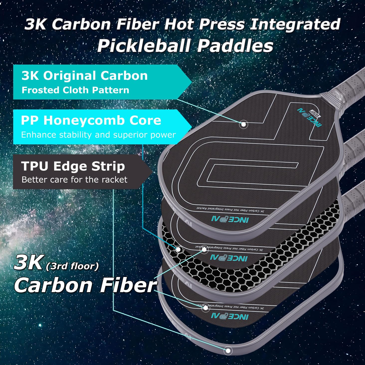 INCEPAI 3K Carbon Fiber Hot Pressed Integrated Pickleball Paddles, with Original Carbon Fiber Surface, Frosted Cloth Process, 15MM Polypropylene Honeycomb Core, Favorite of Masters