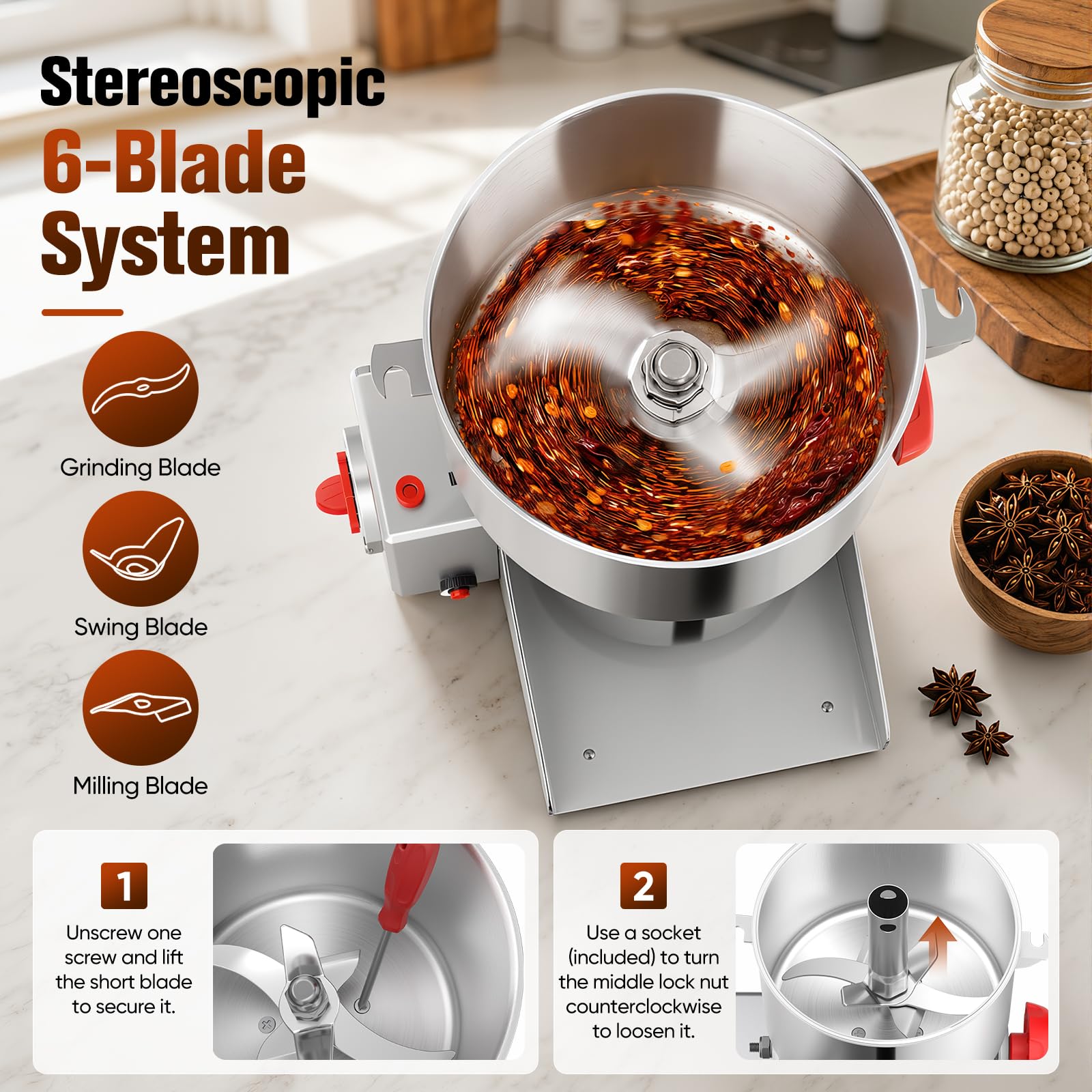 Molinillo de granos 800 g, 3500 W, 30000 RPM, eléctrico de especias con temporizador 5 min y tamiz, acero inoxidable, para hierbas, frutos secos, granos de café, uso doméstico y comercial