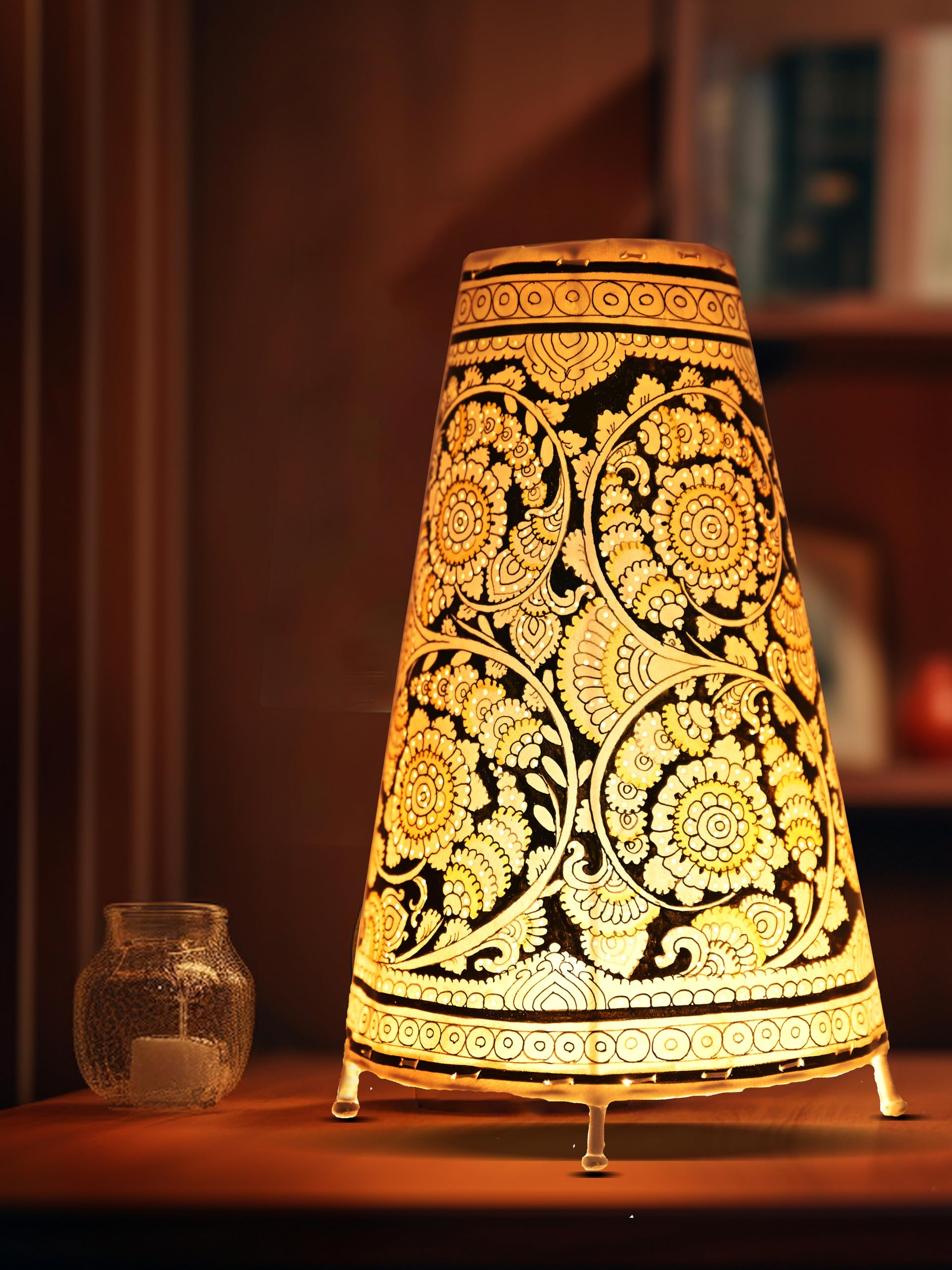 SHILP KATHA Handicraft Leather Table Lamp for Home Decoration | Handmade Side Table Lamp Shade for Bedroom Decor | Decorative Festival Gift for Living Room, Desk Décor | Flower Bliss (9 inch)