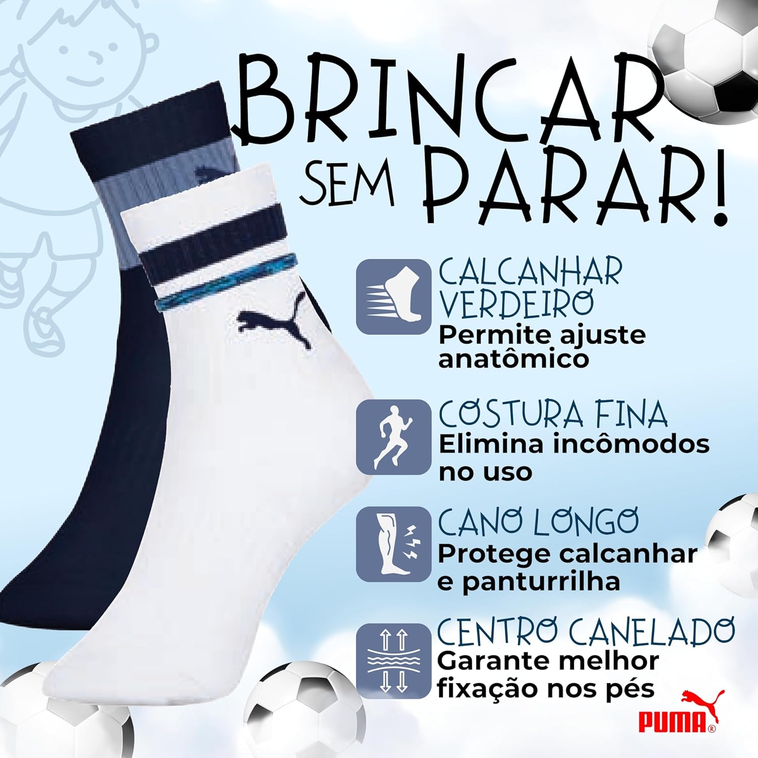 Kit 06 Pares Meia Puma Infantil Cano Longo Algodão Criança Menino em promoção! Veja a oferta e mais achadinhos de Moda íntima 3 Hoje é o melhor dia para comprar Kit 06 Pares Meia Puma Infantil Cano Longo Algodão Criança Menino com aquele preço maroto! Promoção! Aproveite a oferta! 3