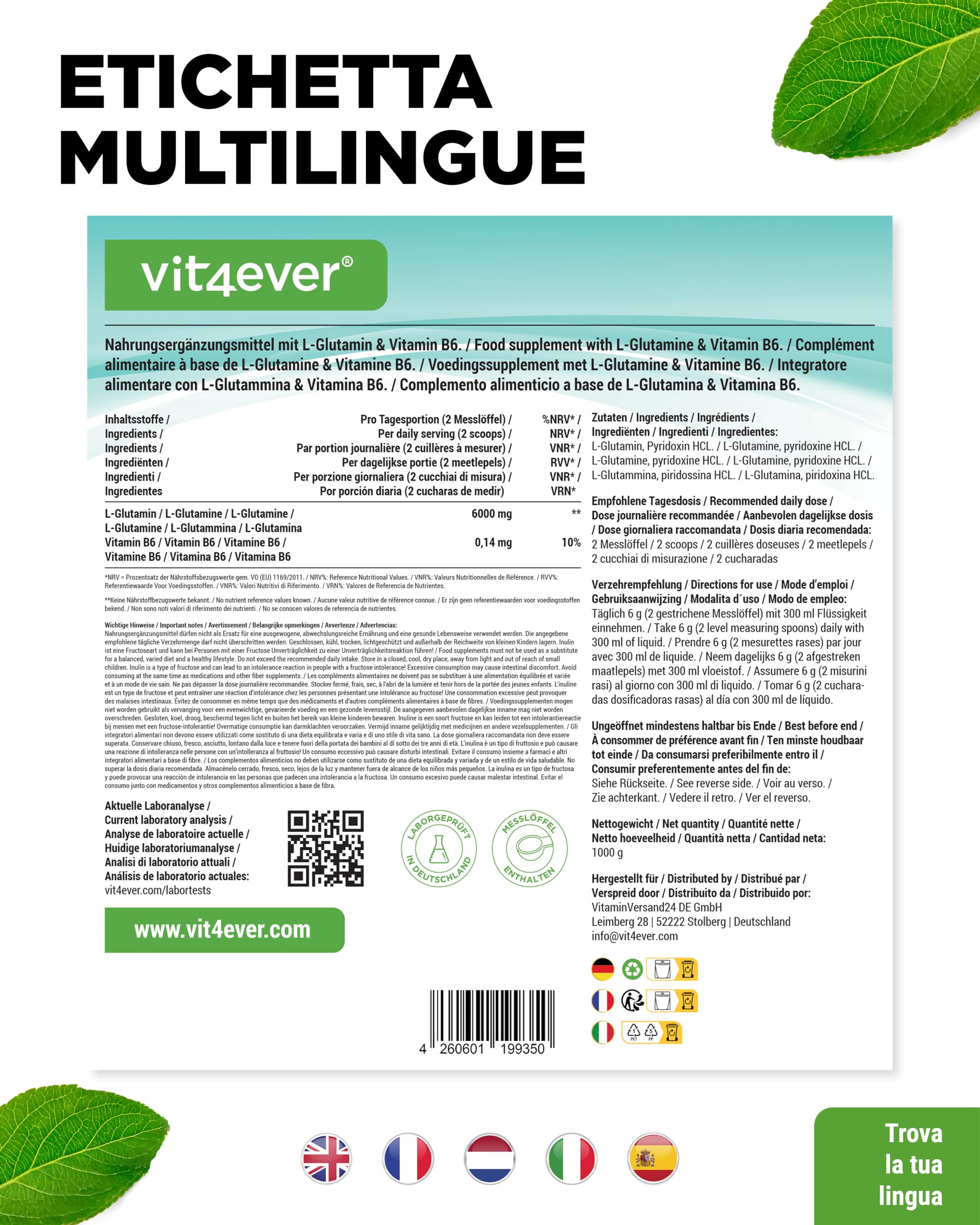 vit4ever Polvere di L-glutammina - 1000 g / 1 kg - Polvere di amminoacidi ultrapura, extra ad alto dosaggio - 100% vegana - Prodotta tramite fermentazione vegetale