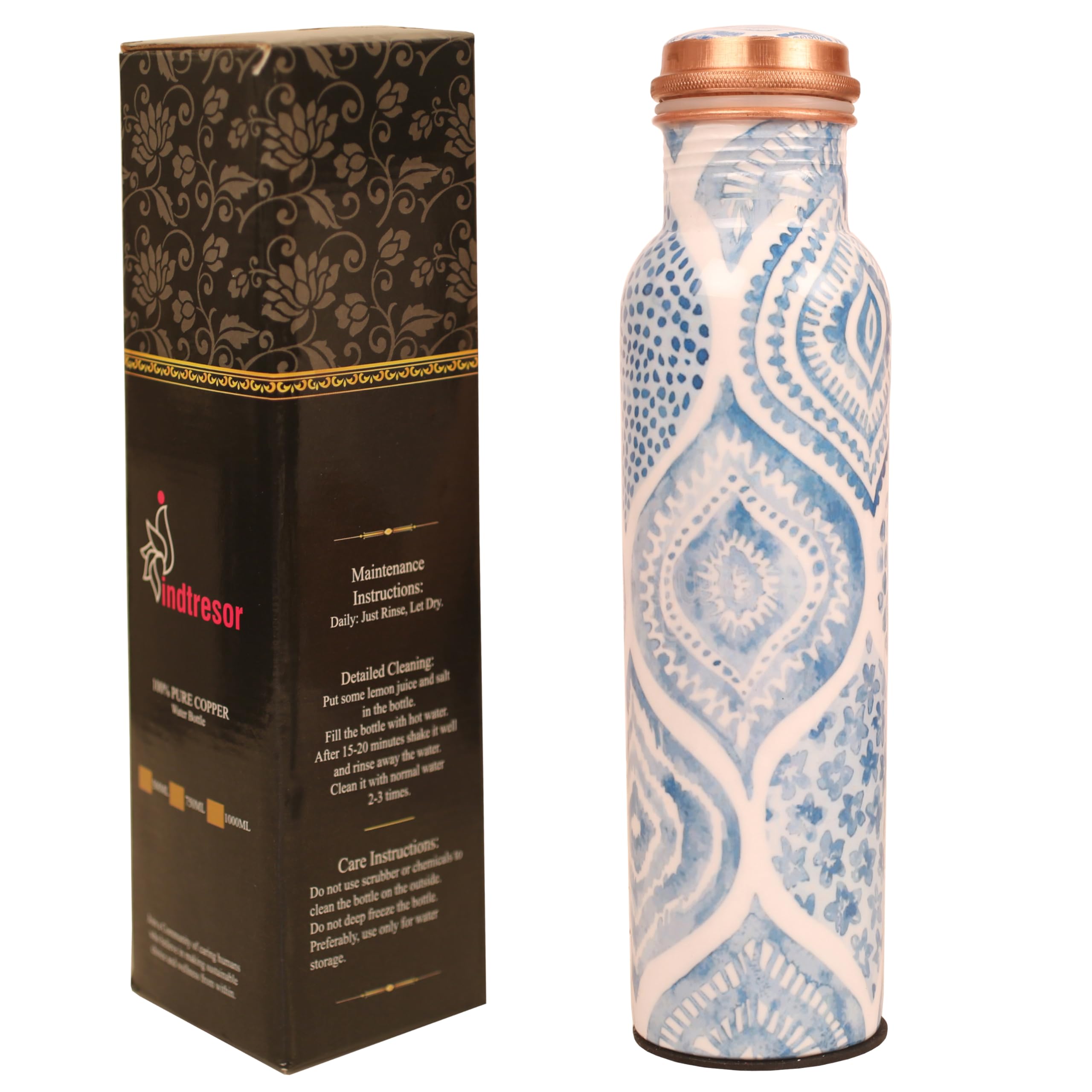 INDTRESOR Pure Copper Water Bottle - Handcrafted - Ayurveda health benefits - Large 35 oz - Leak proof - Easy to carry for Sports, Fitness, Yoga, School - Sky Blue Artistic Patterns Enamel Folk Light Blue