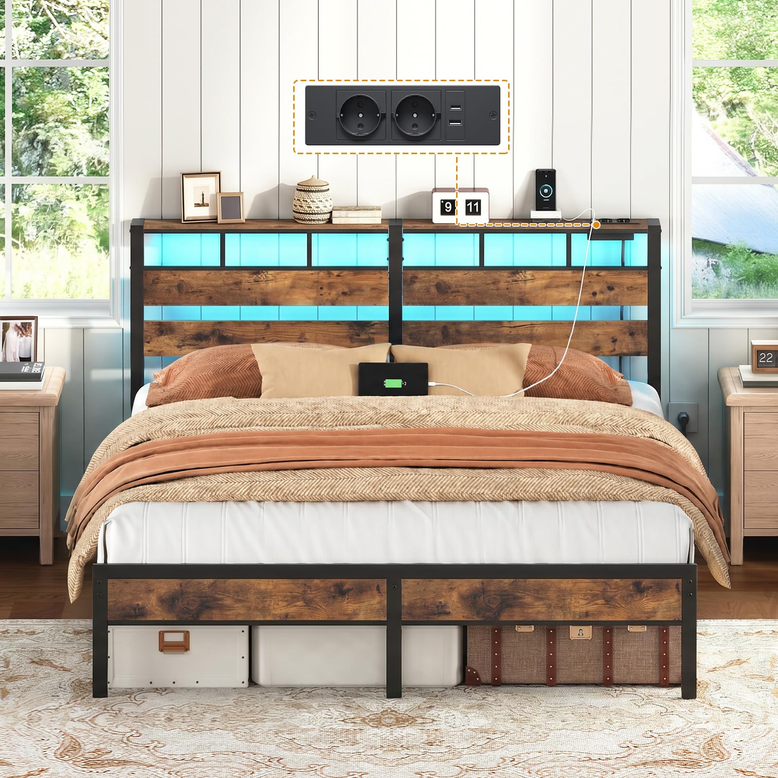 HOOBRO Lit 180 x 200 cm avec Sommier Métal, LED, Multiprise et Espace de Rangement, 2AC, 2USB-A, Lit Deux Personnes avec Cadre de Chevet, pour Chambre, Marron Rustique et Noir EBF80CDBF01