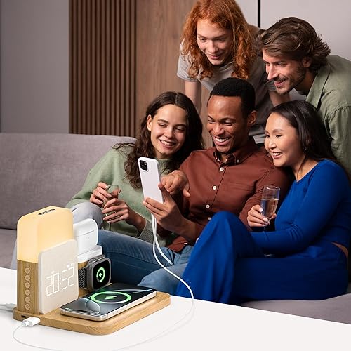 Miniatura 6 de Estación de carga de reloj despertador para dormitorios, estación de carga inalámbrica 7 en 1, cargador magnético con luz nocturna para iPhone 17,