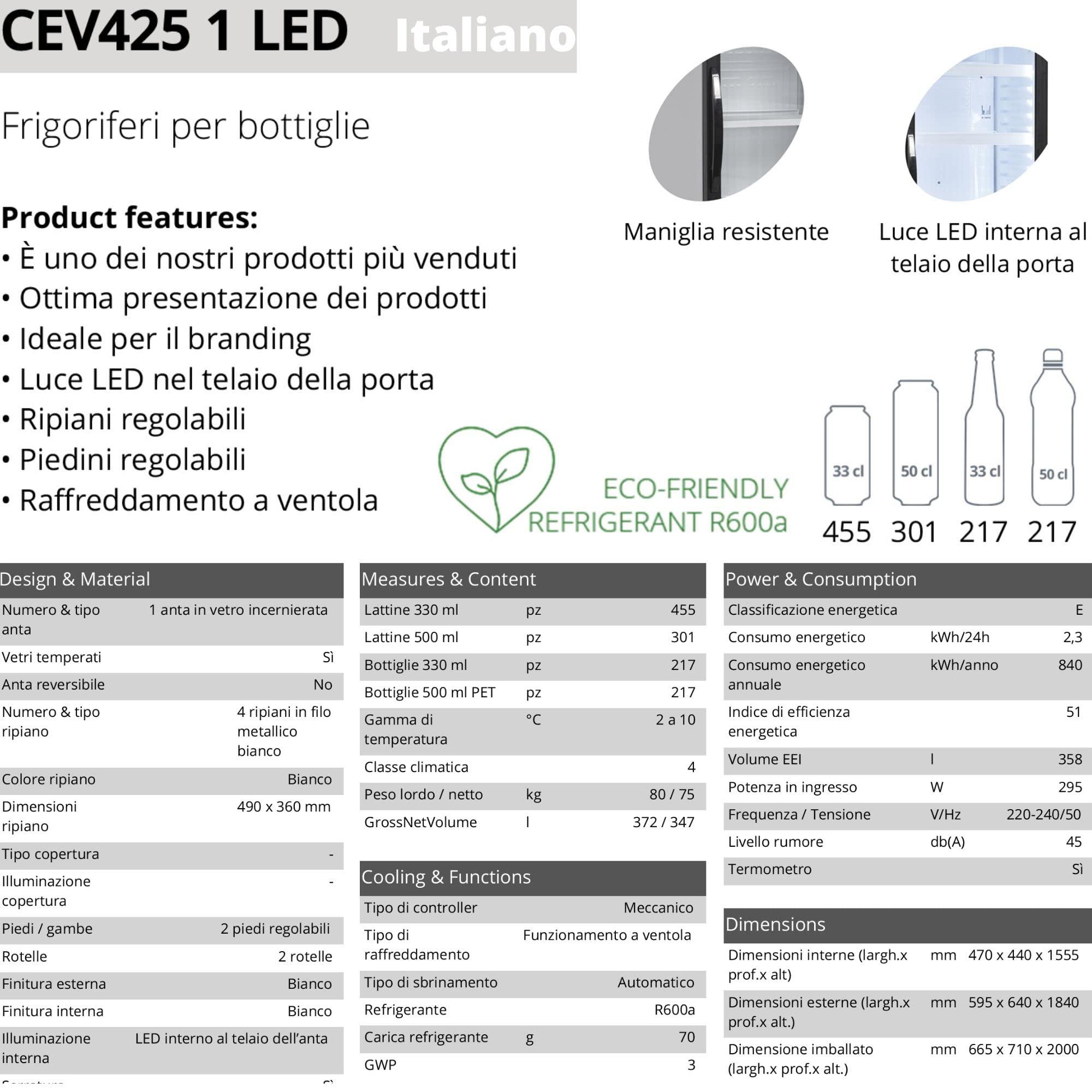 Tefcold CEV425 1 LED Frigorífico para Bebidas, Volumen Bruto 372 L, Nevera Expositora, Frigorífico con Puerta de Cristal, Rango de Temperatura 2 a 10 °C, Luz Interior LED dentro del Marco de Puerta