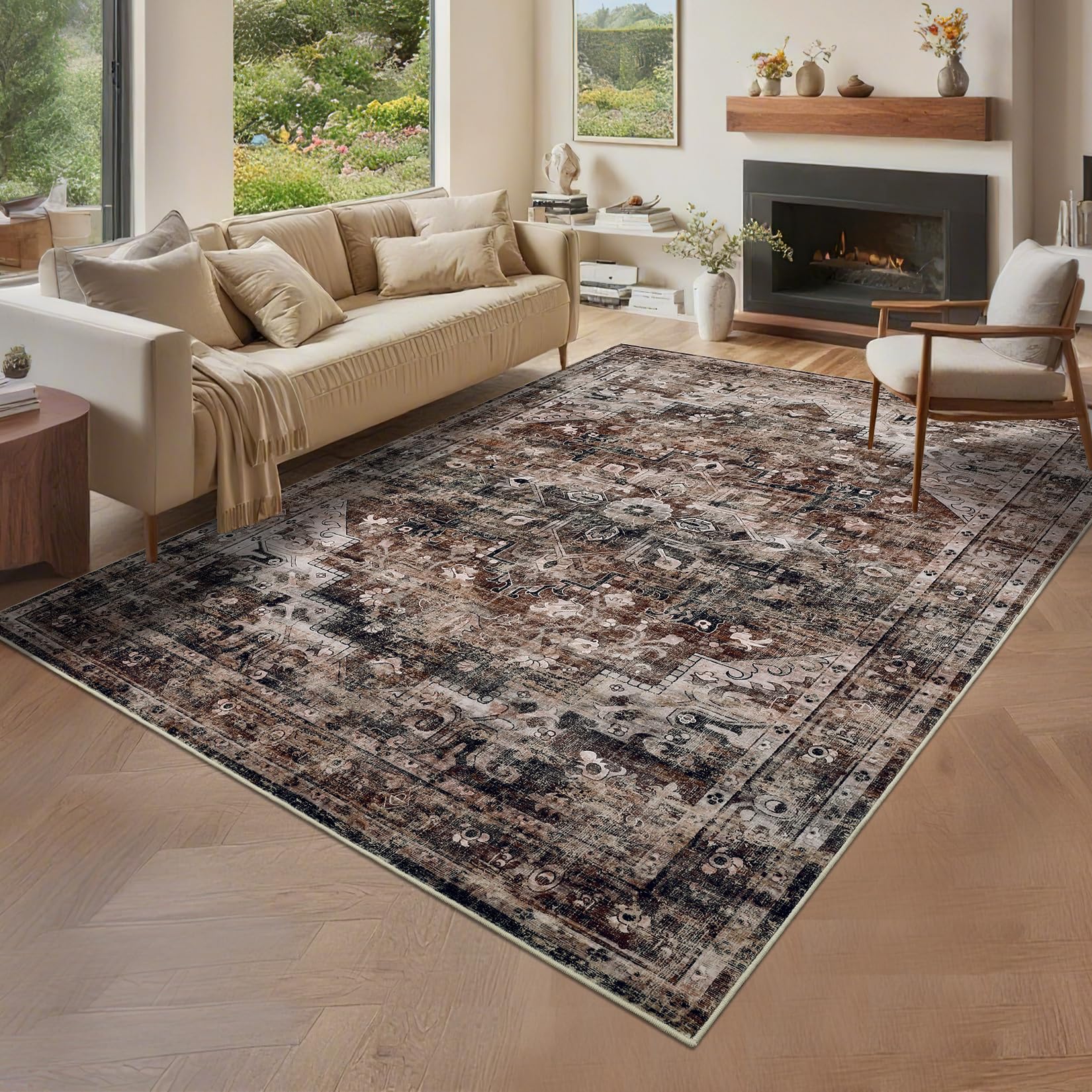 GarveeHome 8x10 Washable Vintage Living Room Area Rug: Vintage Machine Washable Area Rug for Living Room Indoor Large Non-Slip Bedroom Carpet Low Pile