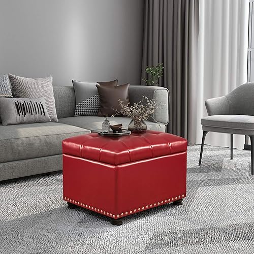 Miniatura 2 de Decent Home Taburete rectangular de almacenamiento otomano de almacenamiento de cuero PU con cabezas de clavos (rojo)