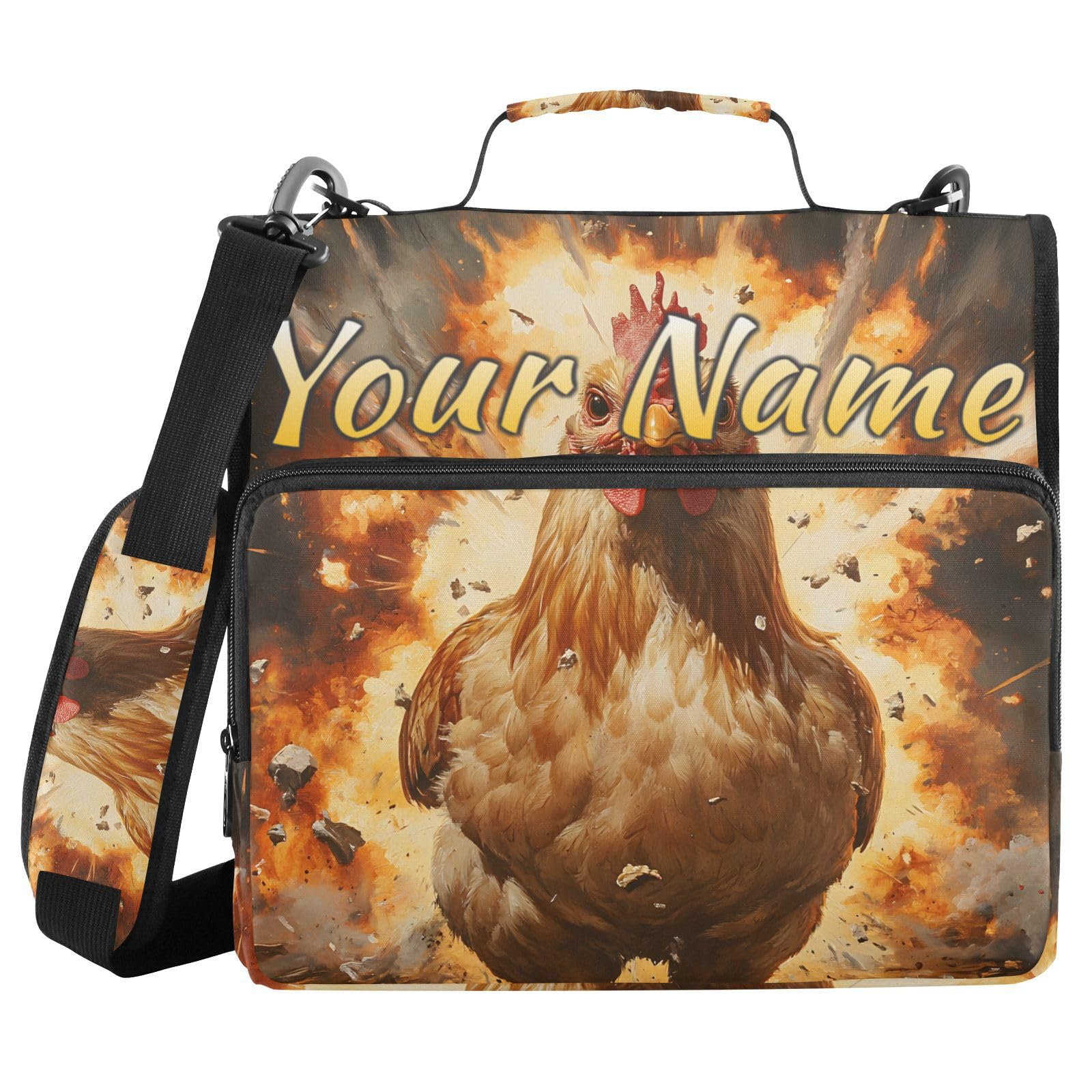 Custom 3 Ring Zipper Binder Funny Rooster Cock Explosion Behind Personalized Name 1.5 Inch Binders Large Capacity Multi Pockets for School Office Supplies