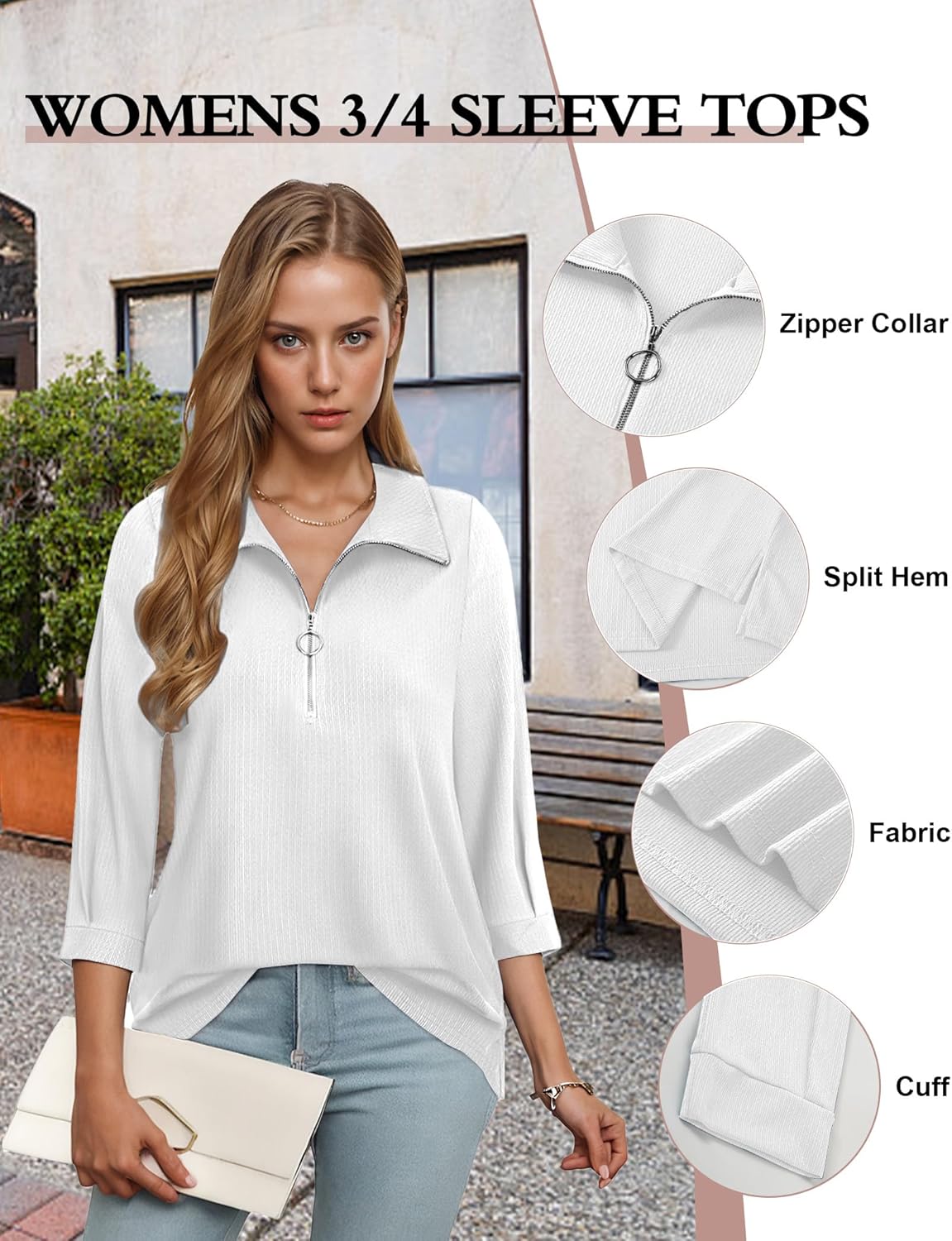 3/4 Length Sleeve Womens Tops, V Neck T Shirts Zipper Collar Work Blouses for Women Dressy Casual Polo Shirts Fall Top - Image 3