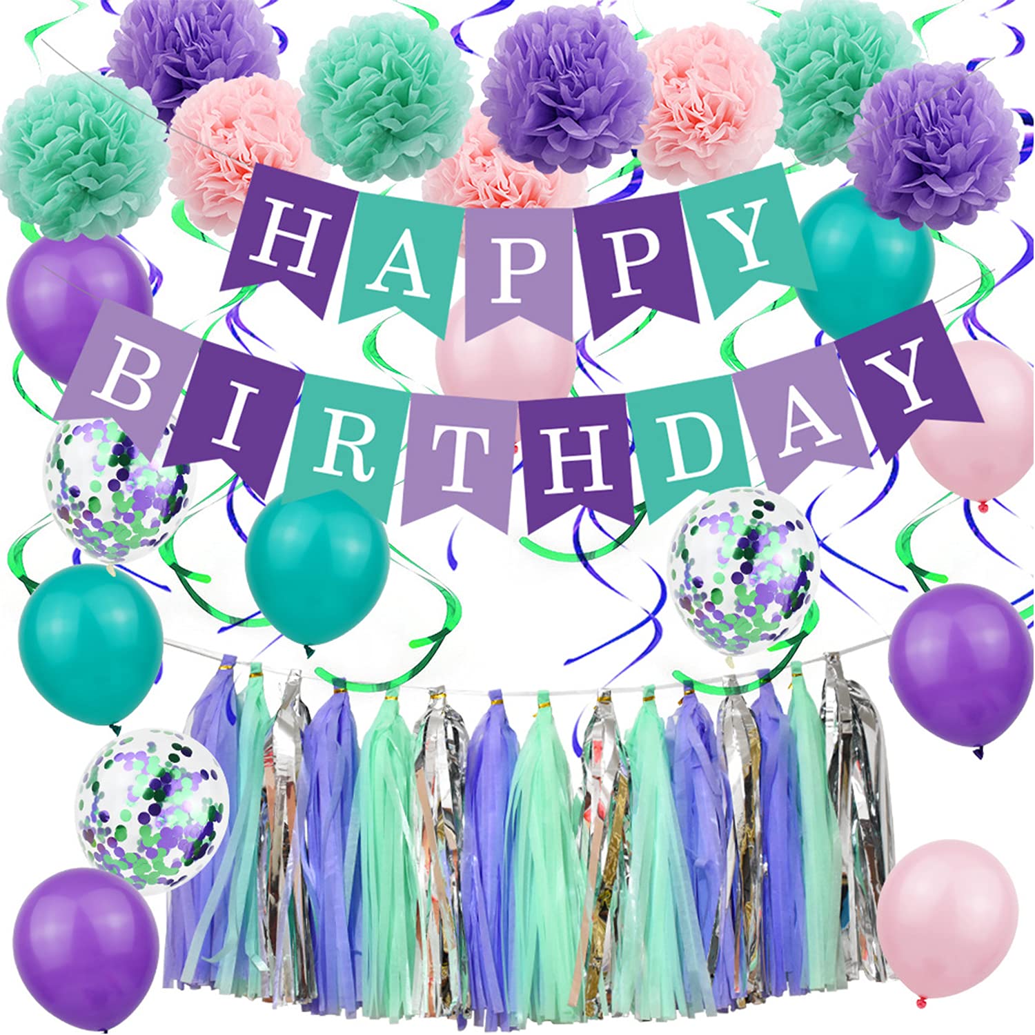 Mermaid Birthday Decorations Party Supplies for Girls Women, Happy Birthday Banners, Pink purple Green Confetti Balloons, Tassels Garland, Pom Poms Flowers, Hanging Swirl for Birthday Party Baby Shower Graduation Decorations