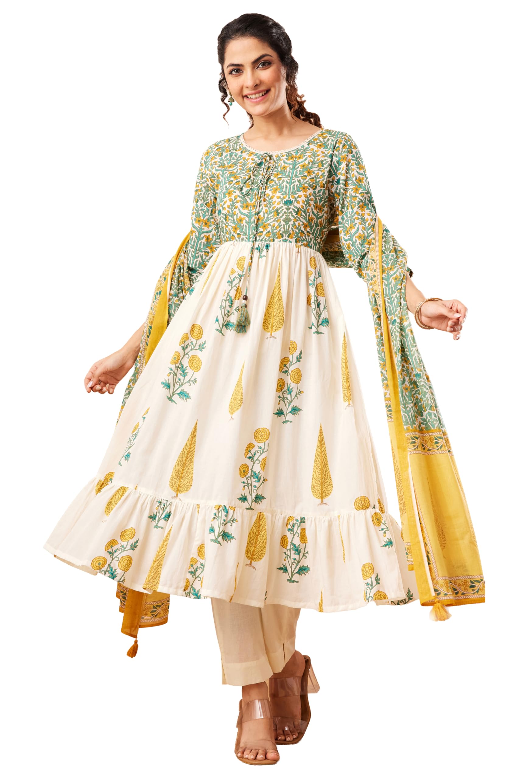 janasya Women's Off White Pure Cotton Floral Printed Flared A-Line Kurta Set-picture-32