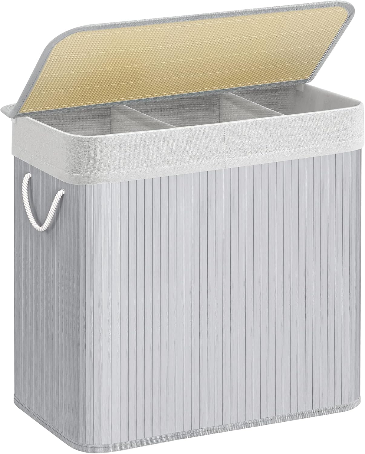 SONGMICS Laundry Hamper, 39.6 Gallons (150L), 3-Section Laundry Basket, Laundry Hamper with Lid, Bamboo, Foldable, Removable and Machine Washable Liner, for Laundry Room, Bedroom, Gray ULCB091G01 150L Gray