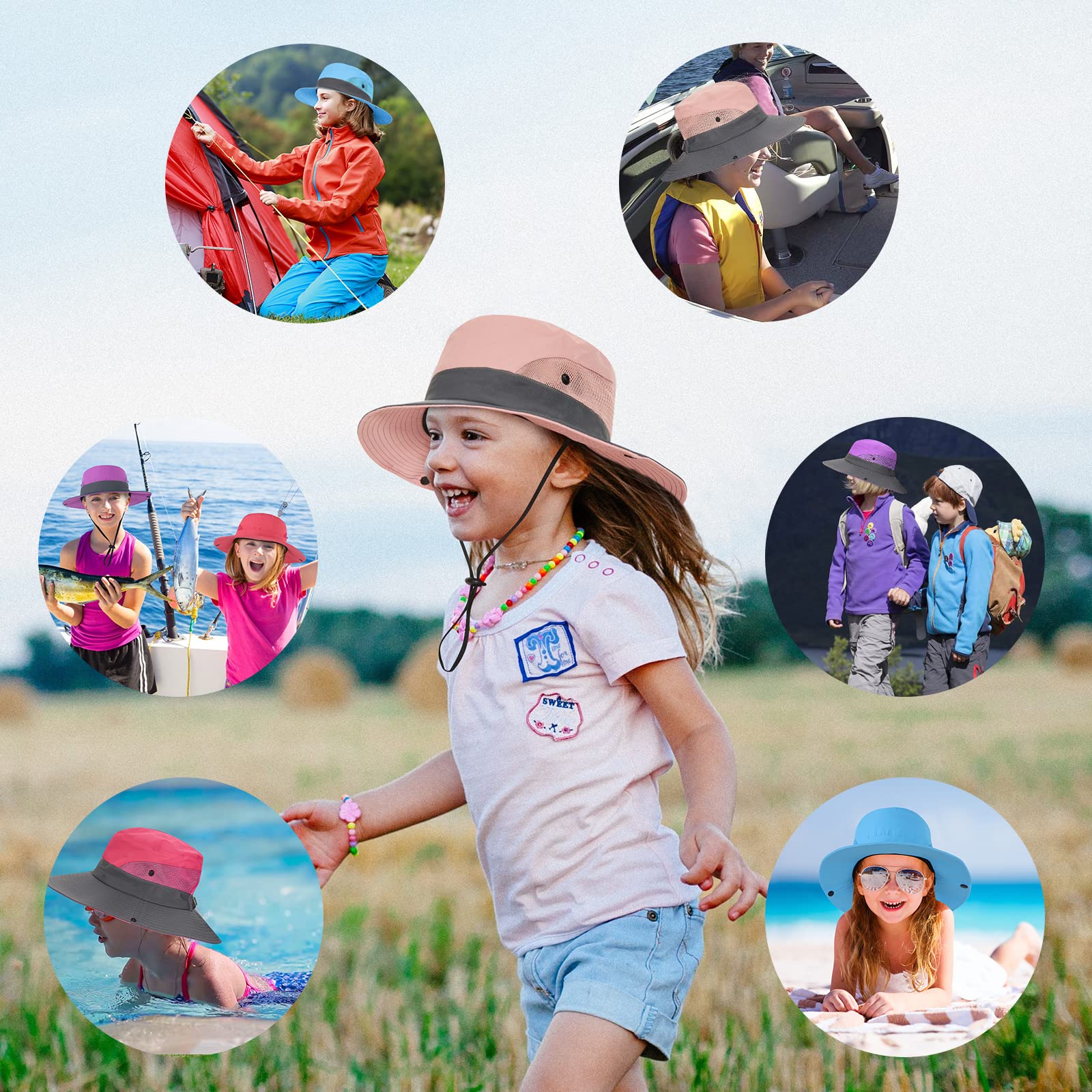 Sombrero de sol para niños con agujero para cola de caballo, protección UV, ala ancha, para verano, playa, sombrero de pesca para niñas