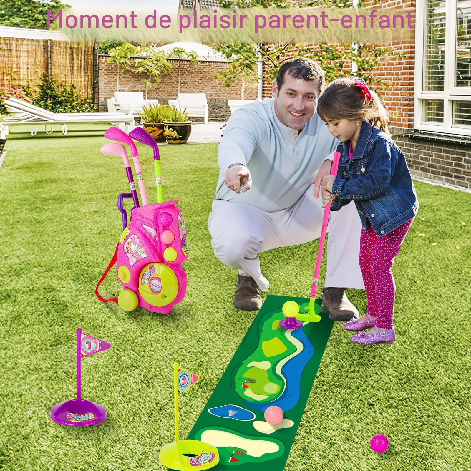 deAO Jeu de Golf pour Enfants, Jouets de Sport d'extérieur et d'intérieur, Jeu de Golf pour Garçons, Filles et Enfants de 3 À 6 Ans, Rose