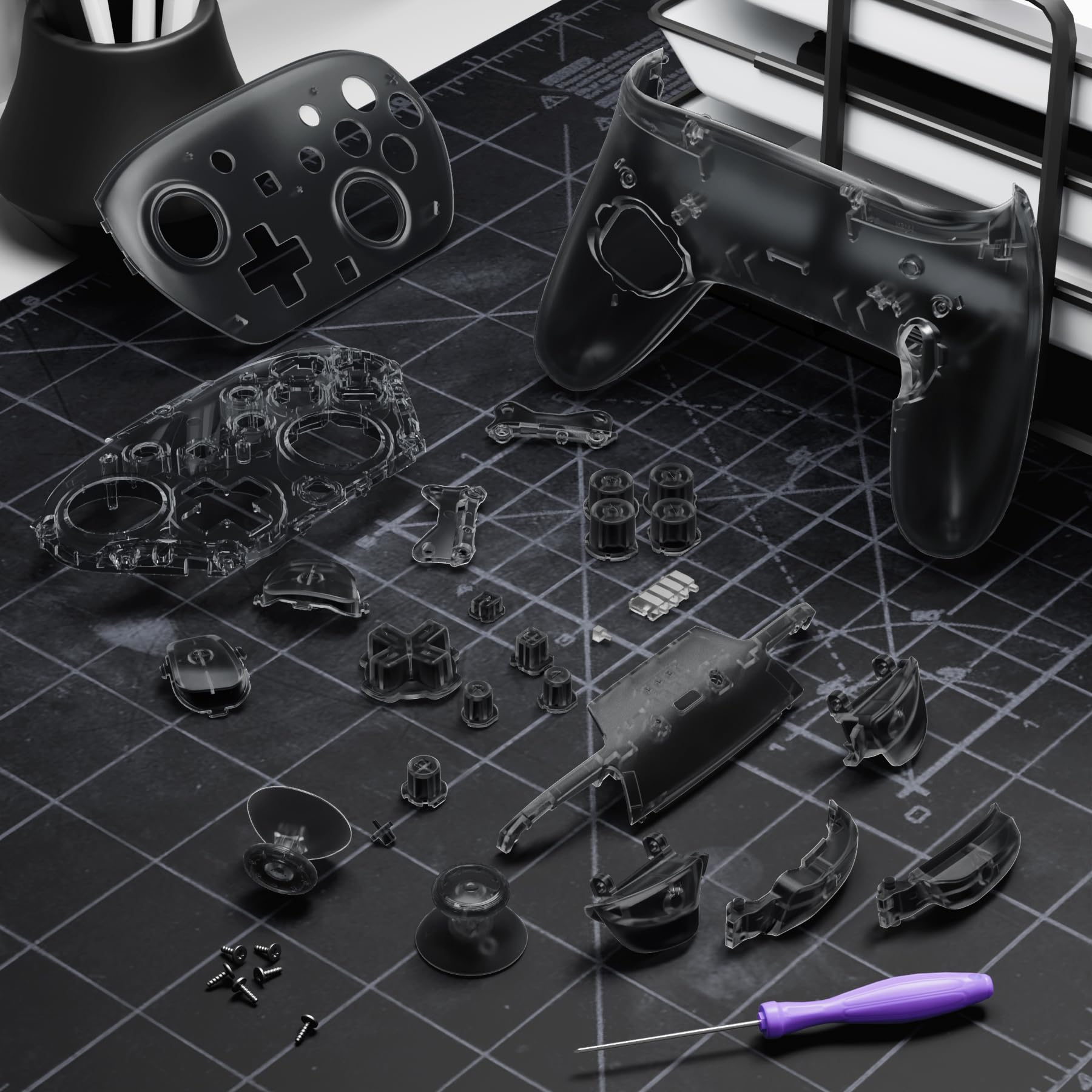 eXtremeRate DIY-Ersatz Case & Buttons Set für Switch 2 Pro Controller, Custom Front Hülle/Rückgehäuse/Joysticks/Tasten Zubehör für Nintendo Switch 2 pro Controller-Transparent Schwarz