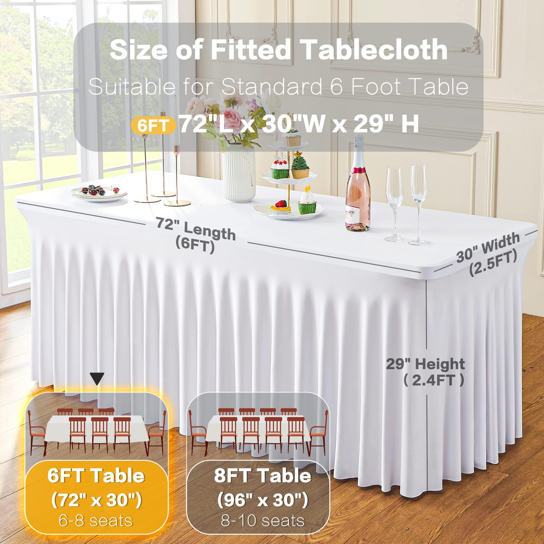 6 Pack Weiße Dehnbare Spandex Tischdecke für 1.8m Rechteckige Tisch, Waschbare und knitterfreie Stretch Tischdecke Rechteckig für Partys Veranstaltungen, Hochzeiten, Bankette, [183Lx76Wx74H] cm