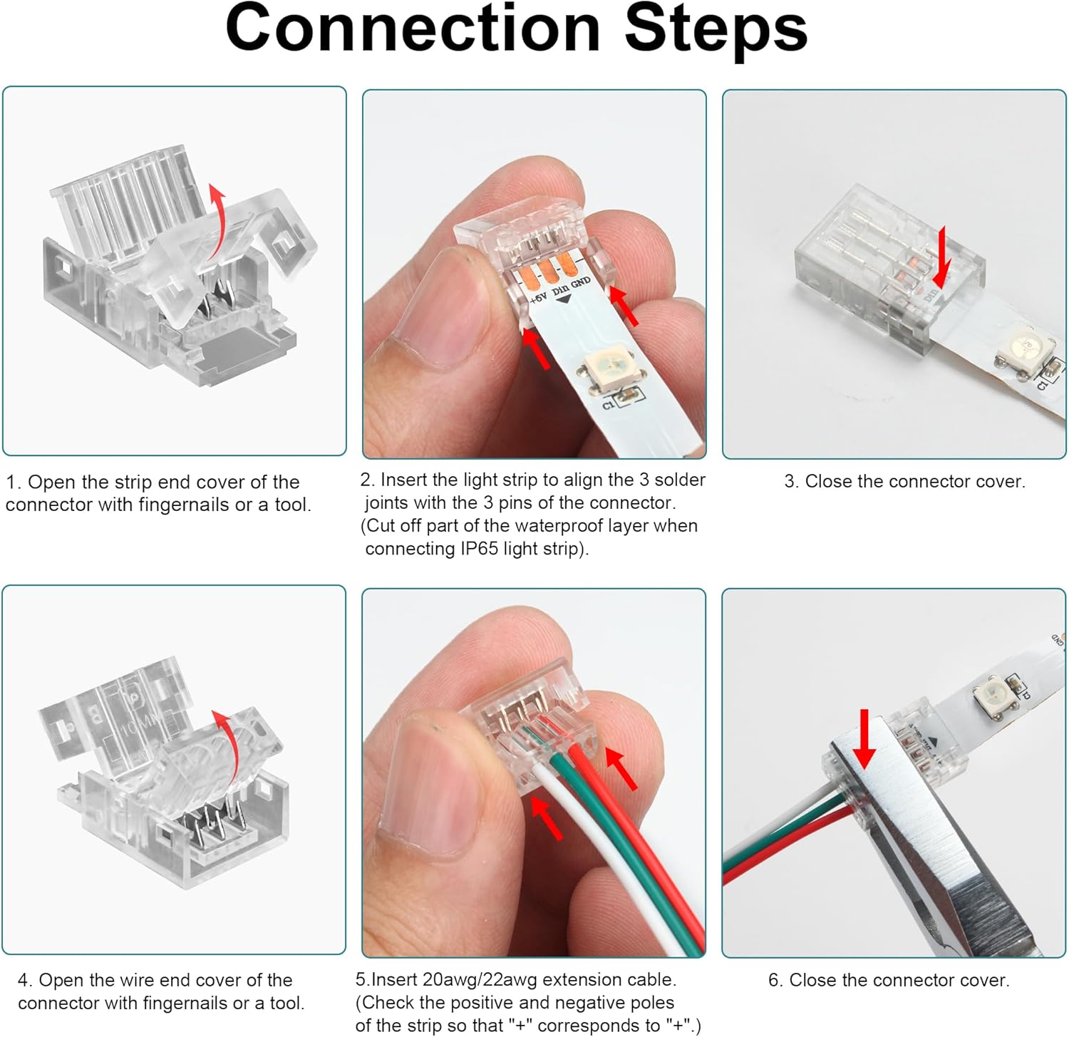 RGBZONE 25 Packs 3 Pin LED Connector 10mm Gapless Solderless Strip to Wire Quick Connector for 10mm IP20/IP65 WS2811 WS2812B SMD LED Strip Lights - Image 6
