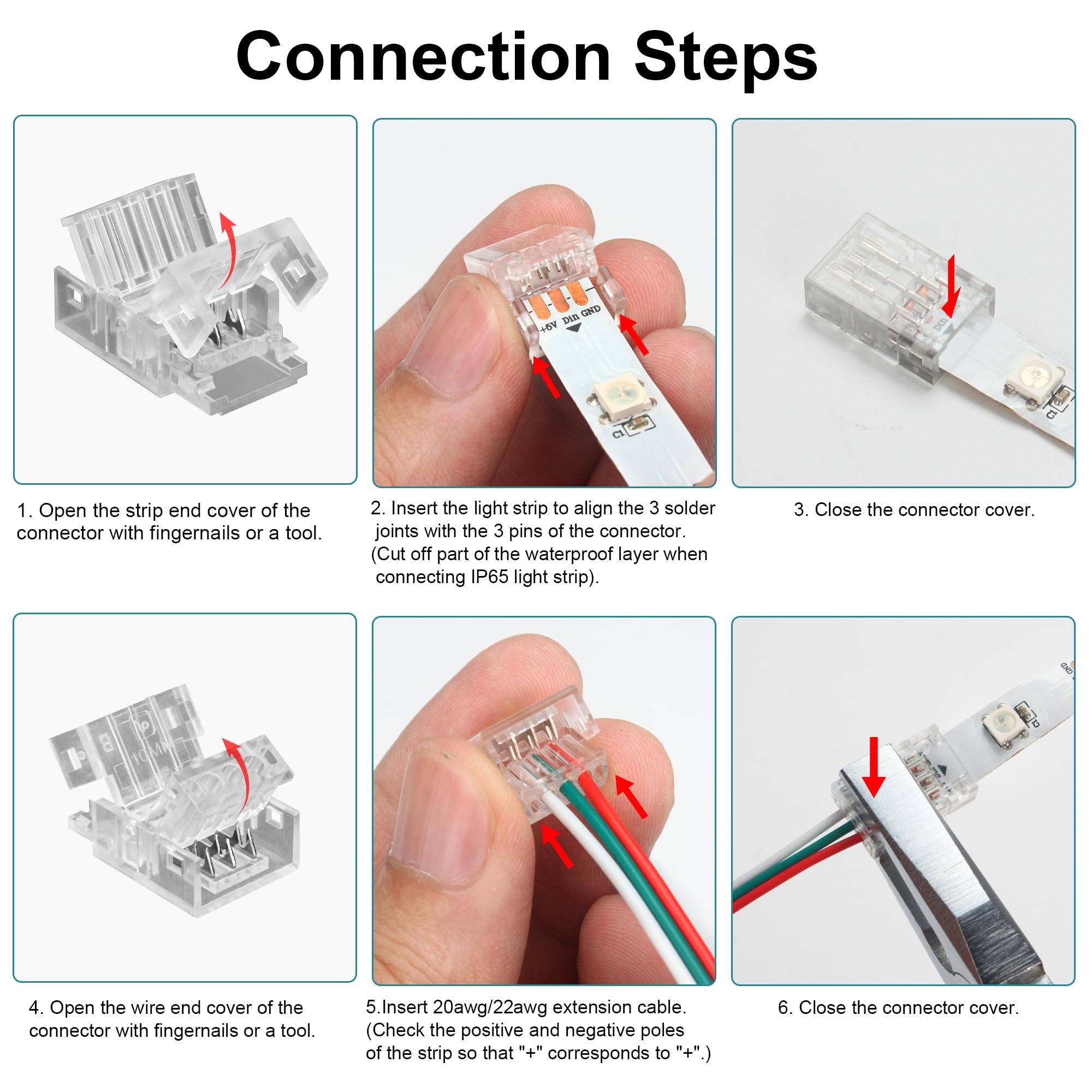 RGBZONE 10-Pack 3-Pin LED Strip Connectors – Gapless Solderless Wire-to-Strip Quick Connector For 10mm Waterproof & Non-Waterproof WS2811/WS2812B