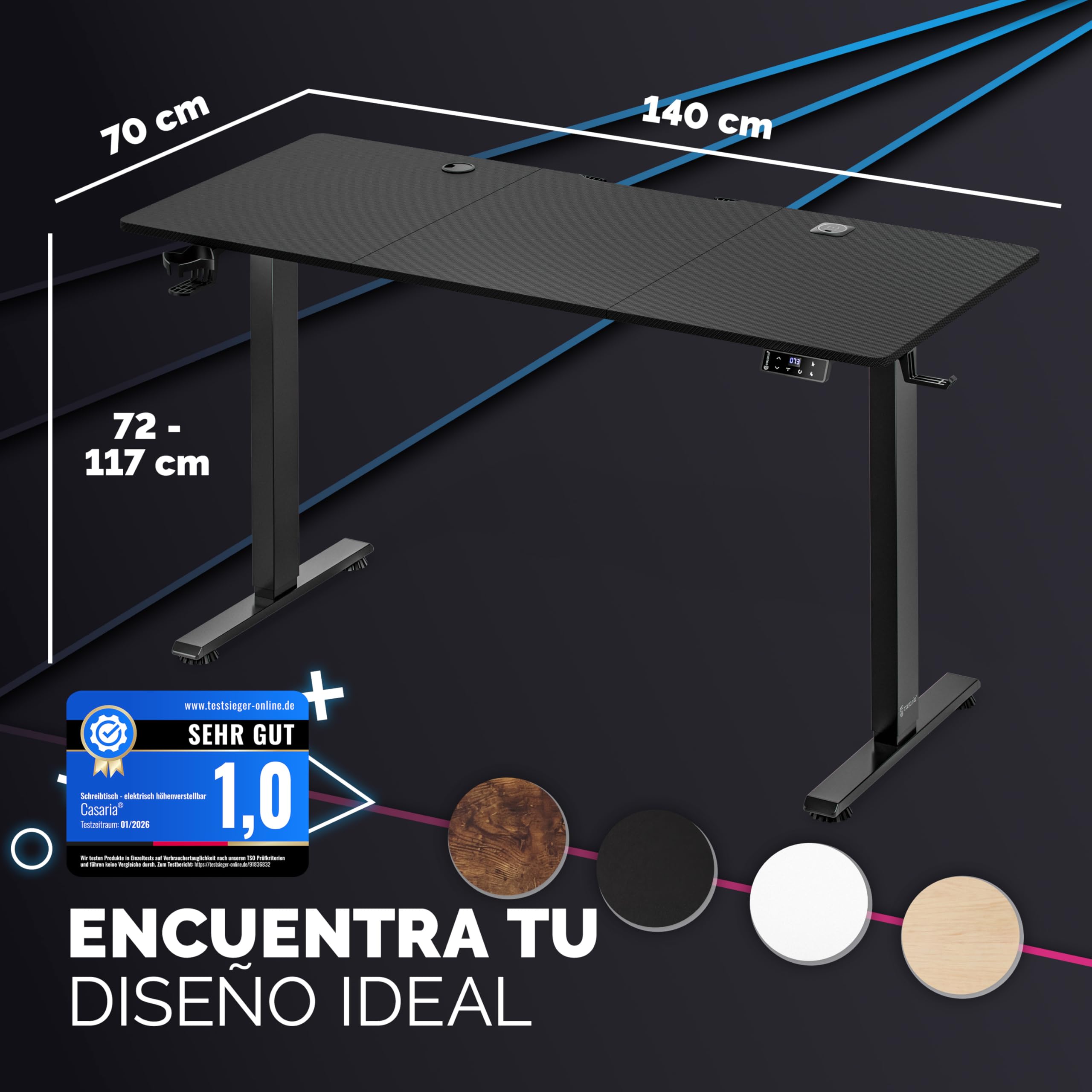 CASARIA® Escritorio Eléctrico Regulable Altura 120x60cm Mesa Elevable 80Kg LCD Función Memoria Temporizador USB-C/A Home Office Oficina Negro | Eléctrico, Altura ajustable 72 a 117cm, función de memoria, cargador inalámbrico con USB-C y USB-A