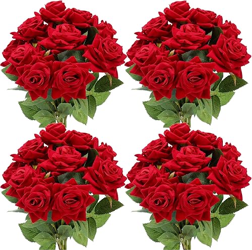 Zeyune 50 rosas falsas de terciopelo a granel, flores artificiales de seda con tallo largo, ramo de rosas rojas de aspecto real, bricolaje para