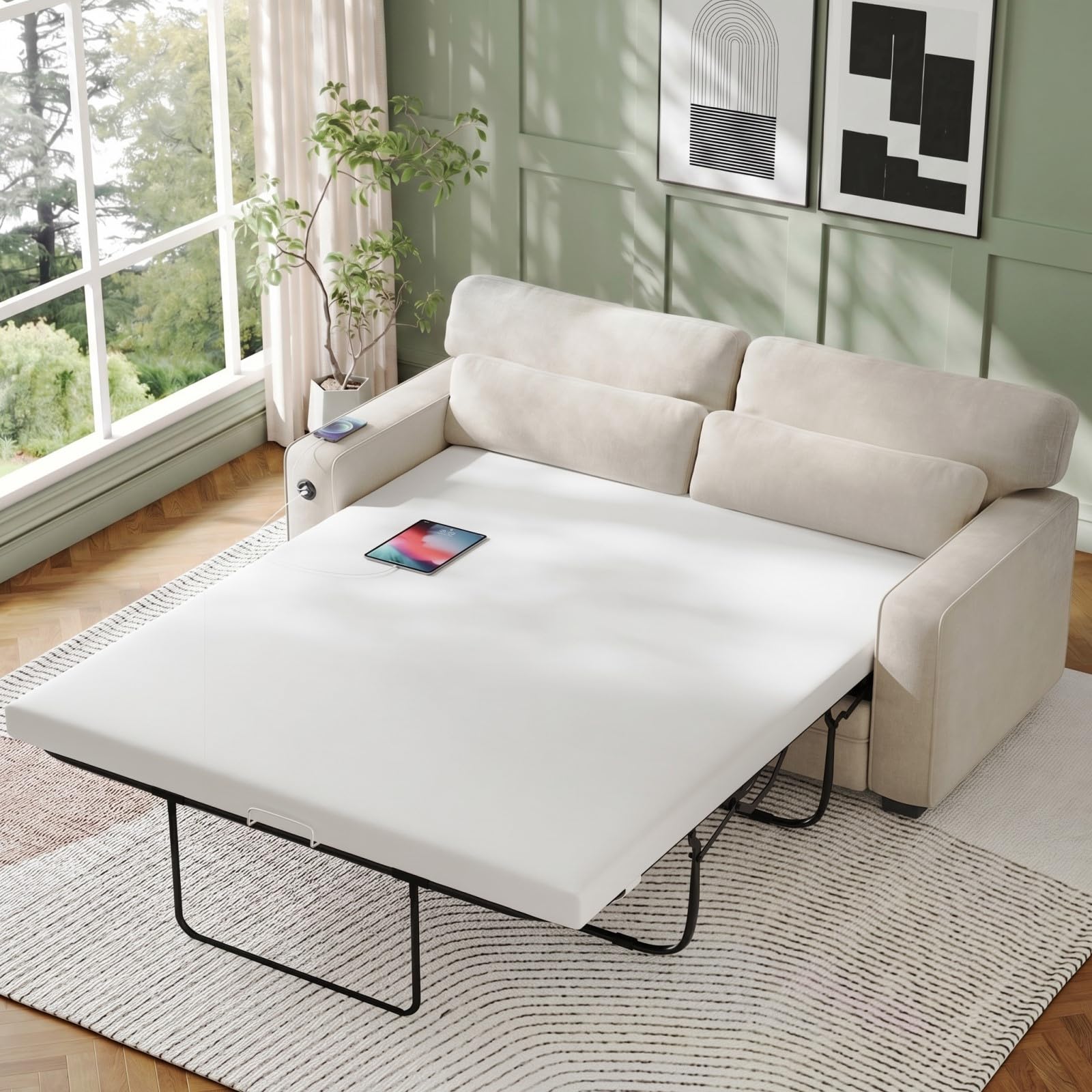 Marsail Pull Out Sofa Bed Full Size White Chenille