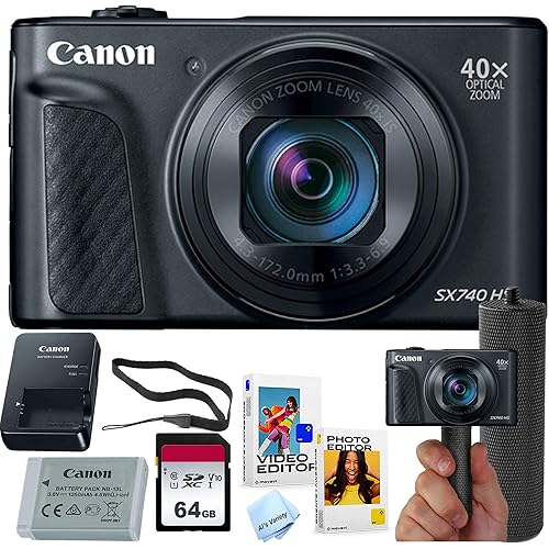 Canon Powershot SX740 HS Digital Camera (Black) + 64GB Memory + Stabilizing Grip + Software Pack +More (Value Bundle) (Renewed)