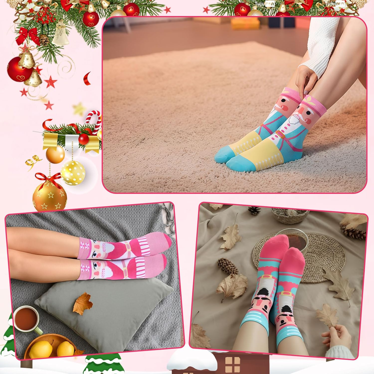 Foaincore 12 Pairs Christmas Socks Pink Nutcracker Novelty Ballet Socks for Christmas Women's Gift - Image 6
