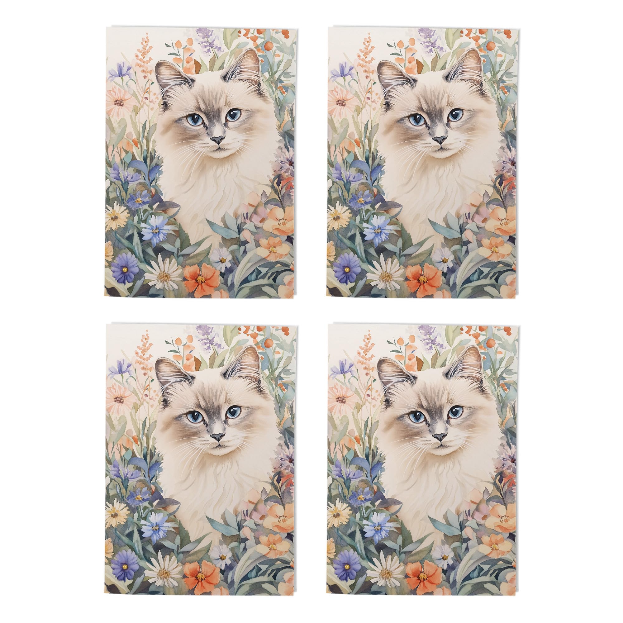 Ragdoll Cat Floral Portrait Art Cards Multipack of 4 Pet Lover Greeting Cards For Any Occasion Blank Inside A6 10 x 15 cm