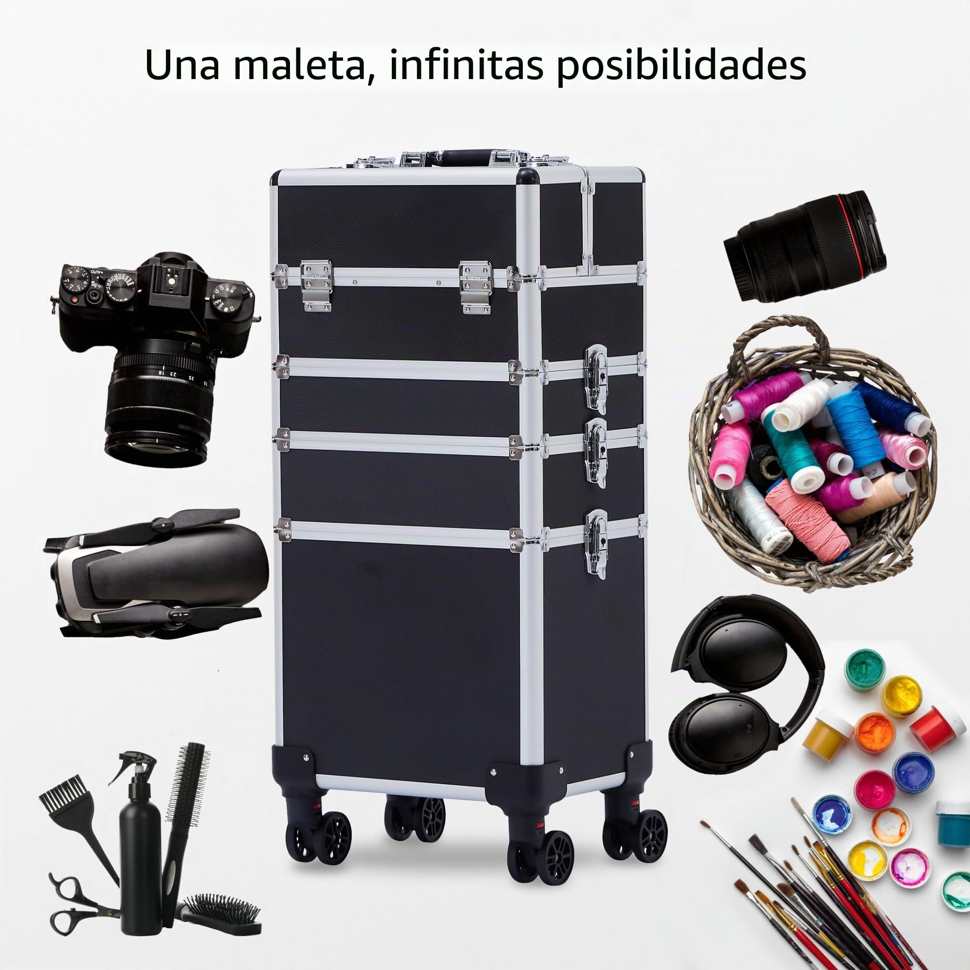 Arebos 4 en 1 Maletín Cosméticos | Maleta para Maquillaje Profesional | Maletin Maquillaje| 4 Compartimentos y 1 cajón | con Cierre | Forro de Terciopelo | Trolley | Negro