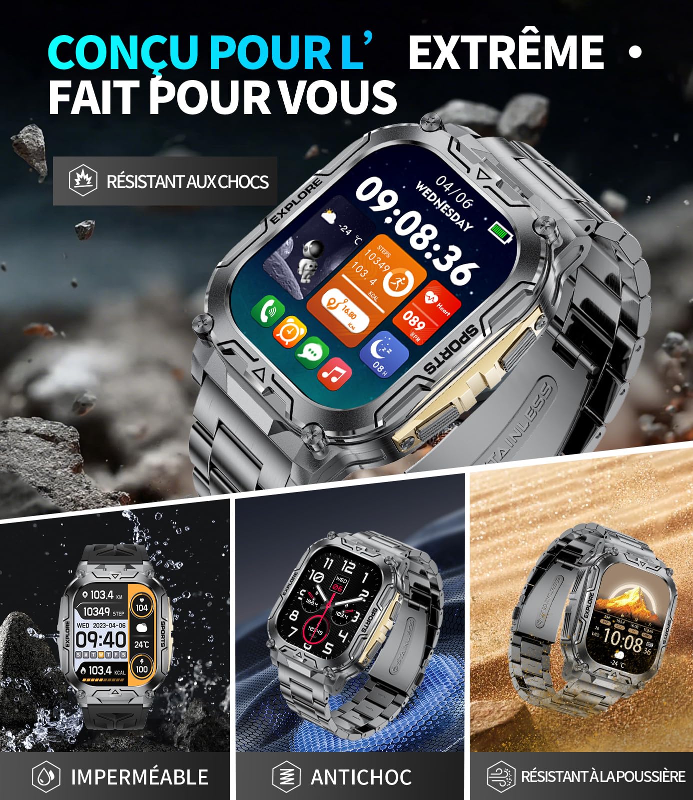 Montre Connectée Homme avec 1000 mAh,2.01'HD Grand Écran Fitness Tracker avec Sommeil/Fréquence Cardiaque,Podomètre,IP68 étanche Sport Smartwatch Homme pour Android iOS (Rose)