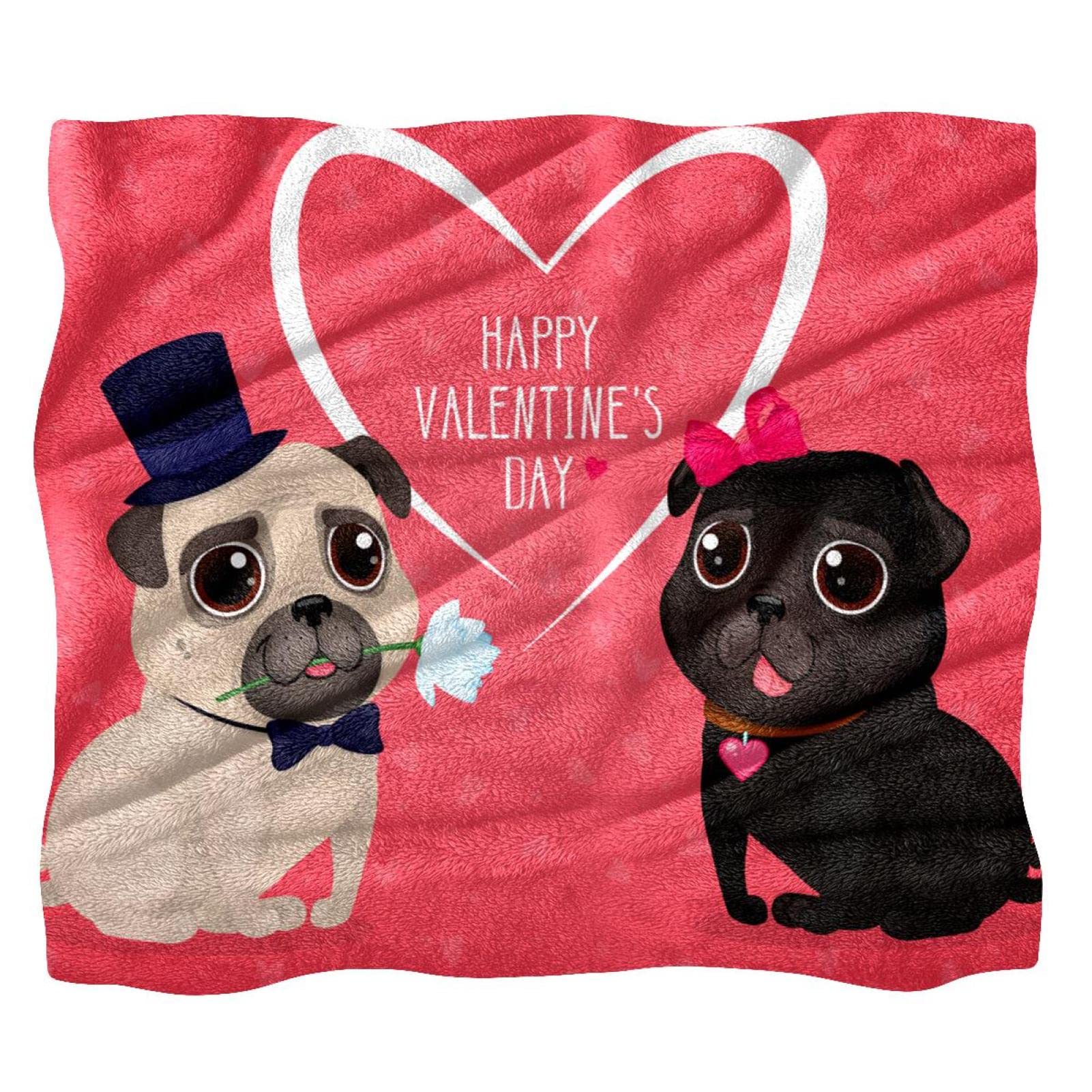 Couverture polaire carlin anti-froid douce lit canapé Happy Valentine's Day