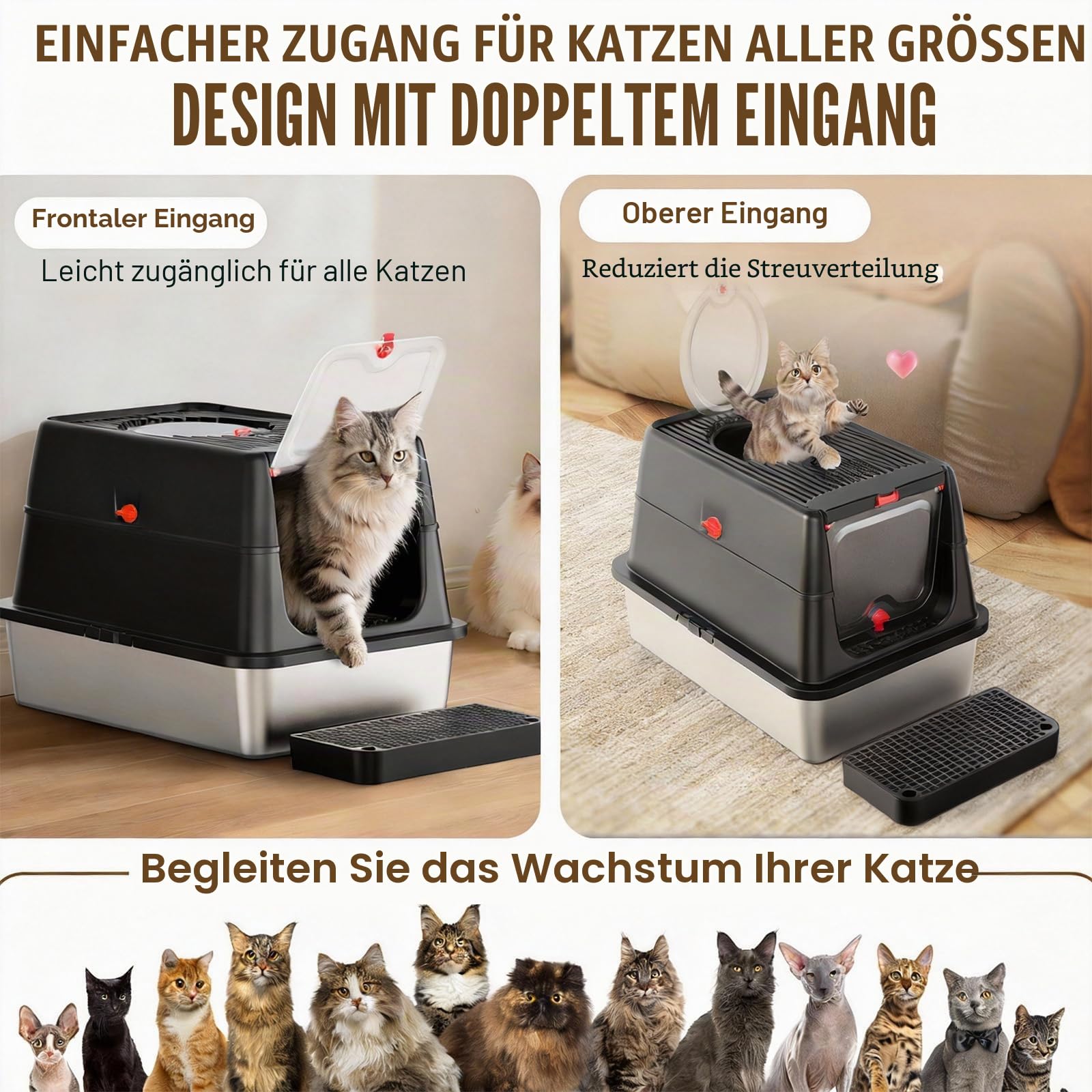Edelstahl Katzenklo XXL aus V2A – 62 cm Geschlossene Katzentoilette mit 160° Klappdeckel, 3-in-1 Design für Stehpinkler & große Katzen, hoher Rand auslaufsicher, inkl. Schaufel und Trittstufe