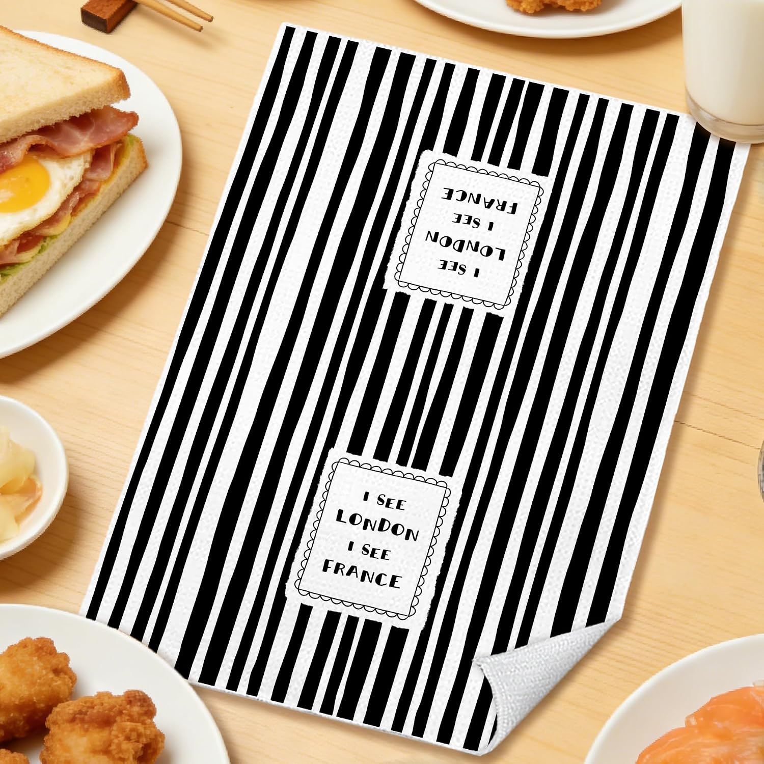 Funny Waffle Hand Towels for Bathroom Decor, Black and White Striped Bathroom Decor, I See London I See France Towel, 16x24 Inch image 4