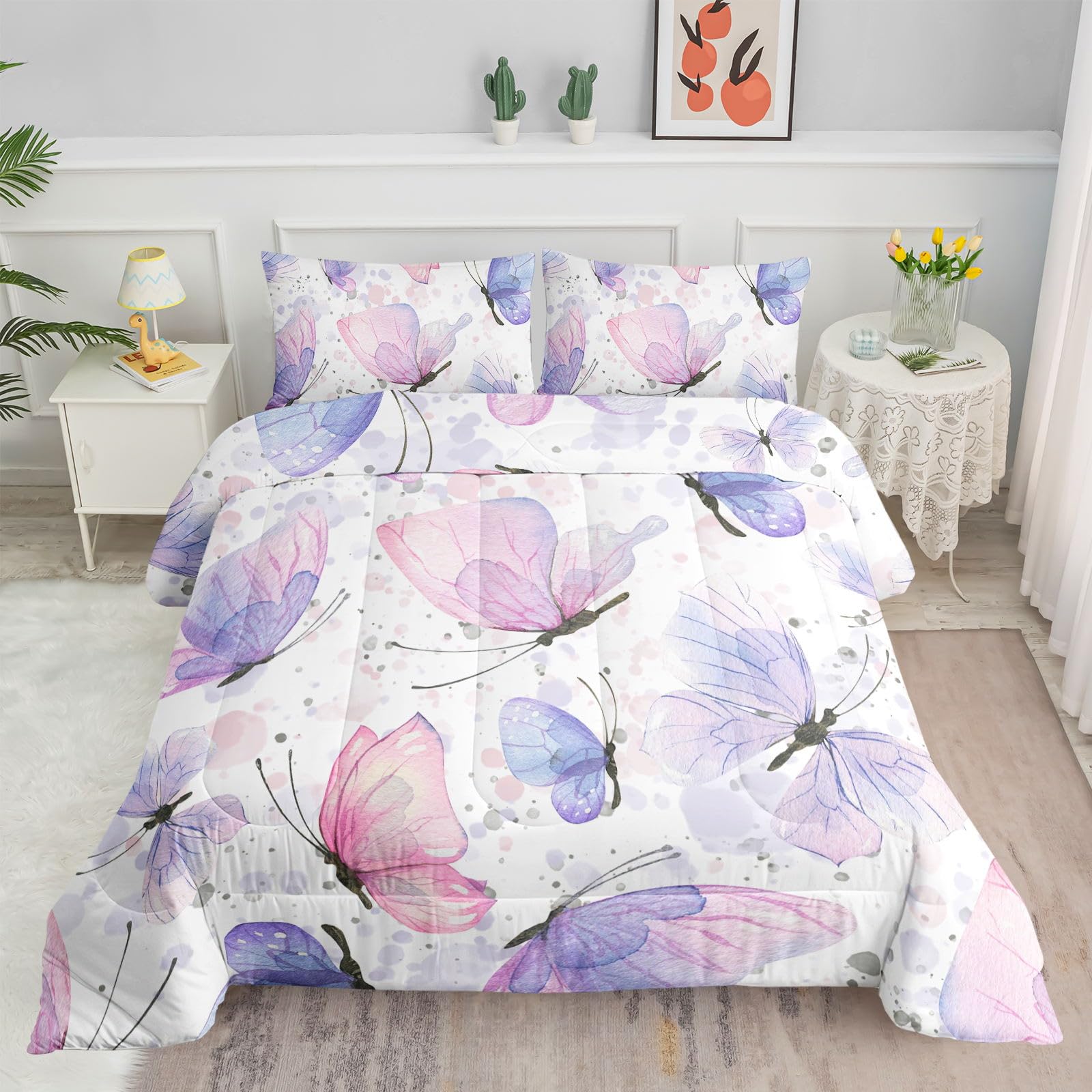 Smell Sunshine Kids Comforter Set Butterflies Printed Pattern Bedding Set with 1 Comforter and 2 Pillowcases for Girls Boys Bedroom All Season(Butterflies Twin)