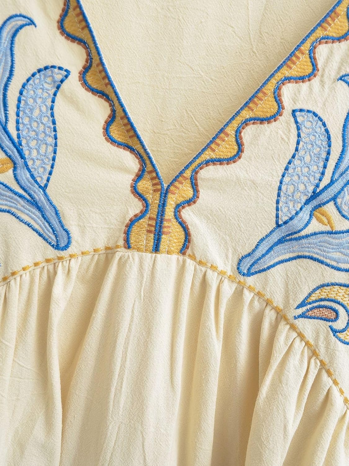 Womens Oversized Embroidered Dress with V-Neck and 3/4 Sleeves Vintage Embroidery Babydoll Dress - Image 4