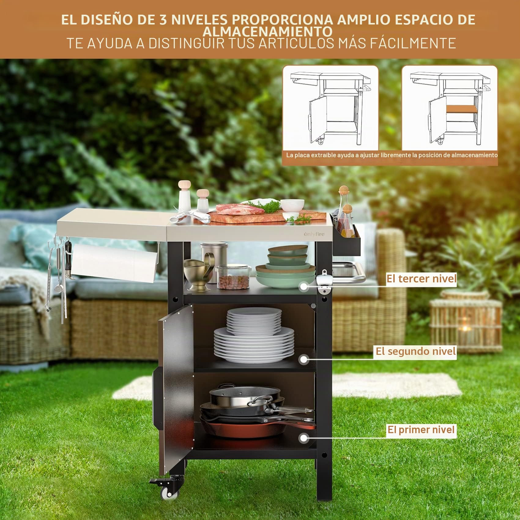 onlyfire Carros de Barbacoas,Mesa Auxiliar con Ruedas,Carrito de jardín para Barbacoa(97.5×56×91 cm)