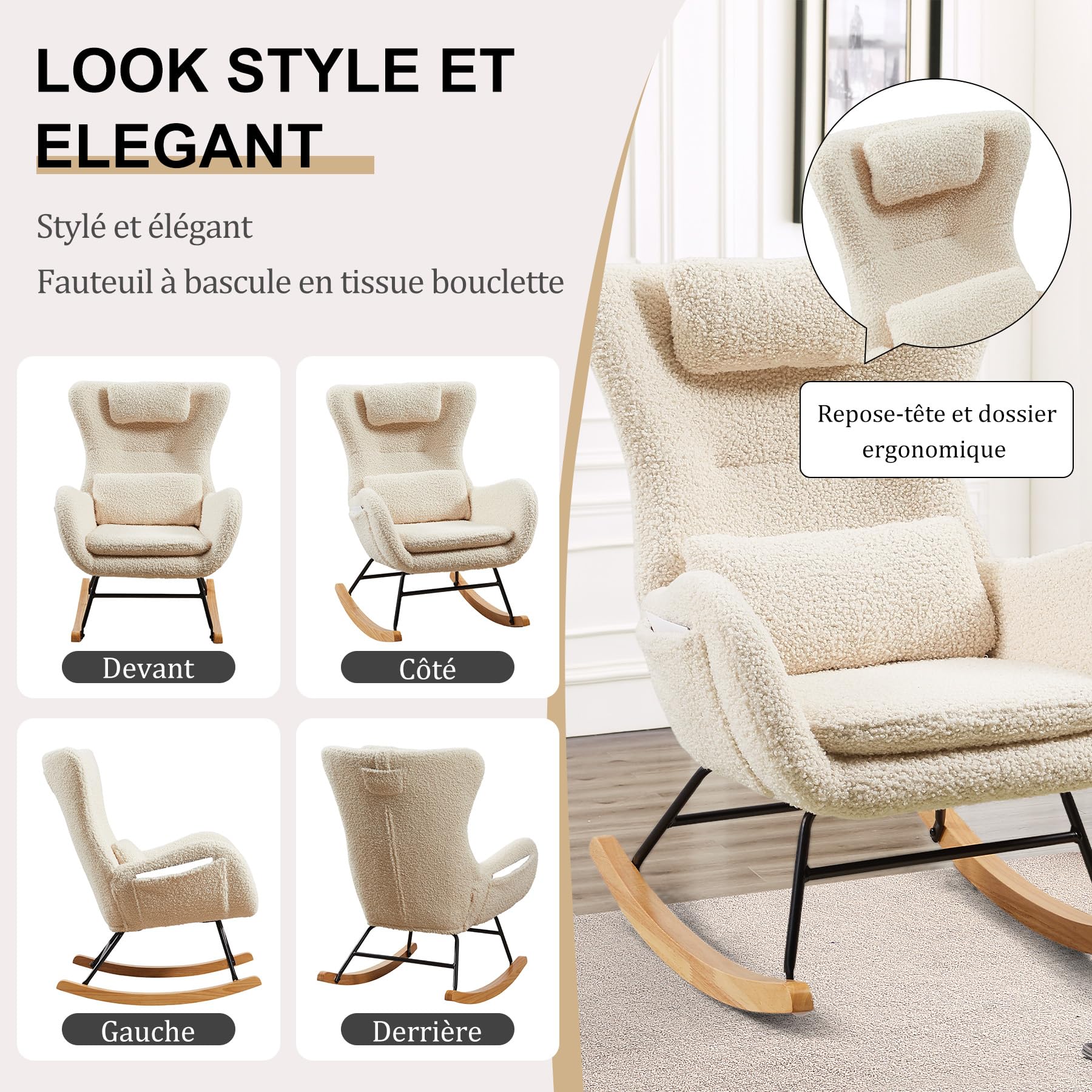 Fauteuil à Bascule Allaitement Scandinave Chaise Loisir et Repos en Tissu avec Pieds en Bois Métal pour Salon, Chambre, Nurserie Beige