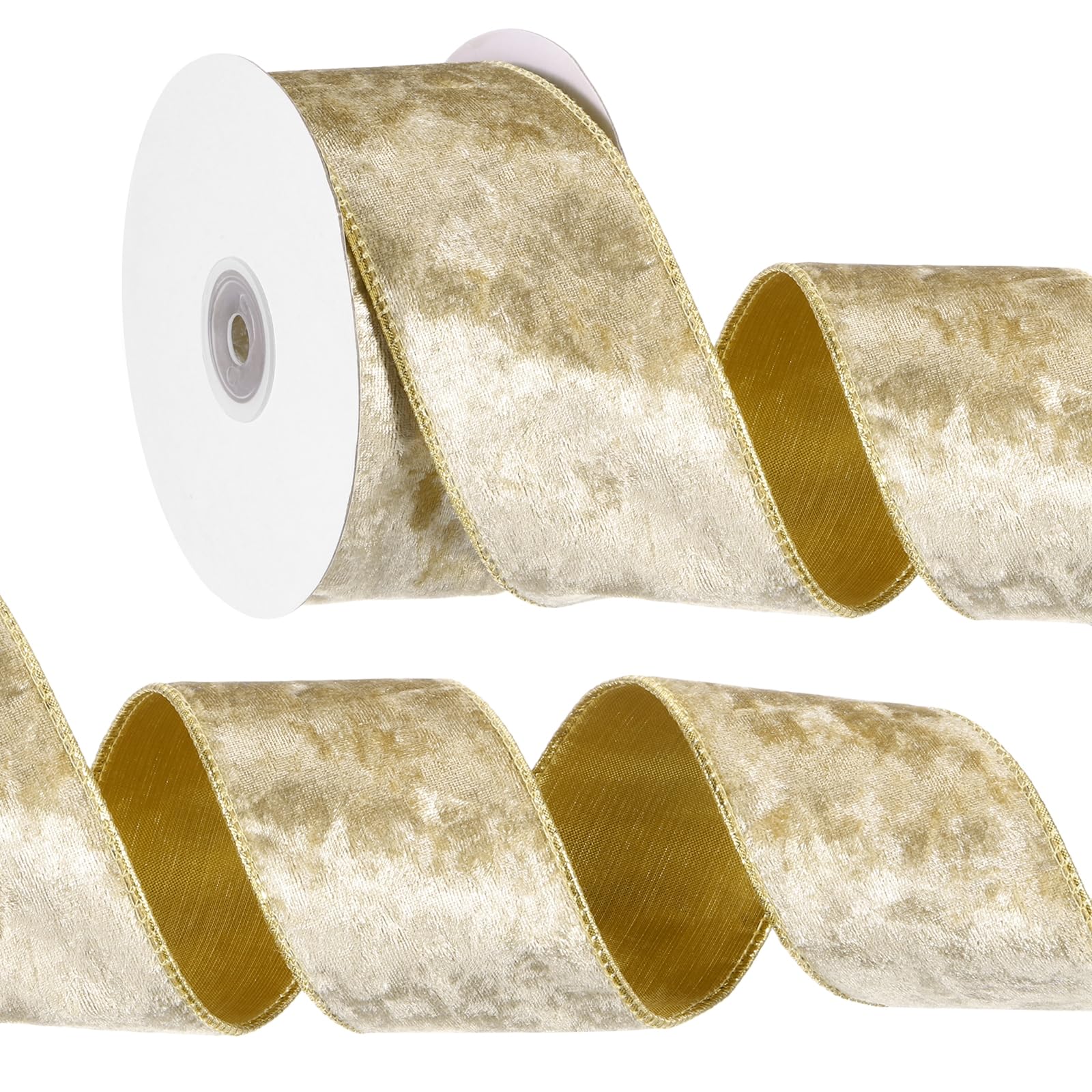 PATIKIL 2.5 Inch x 10 Yards Velvet Wired Ribbon, Velvety Gold Crushed Ribbons Double Faced Gift Wrapping Binding for Crafts Bow Wreaths Chrismas Tree Decorations, Champagne