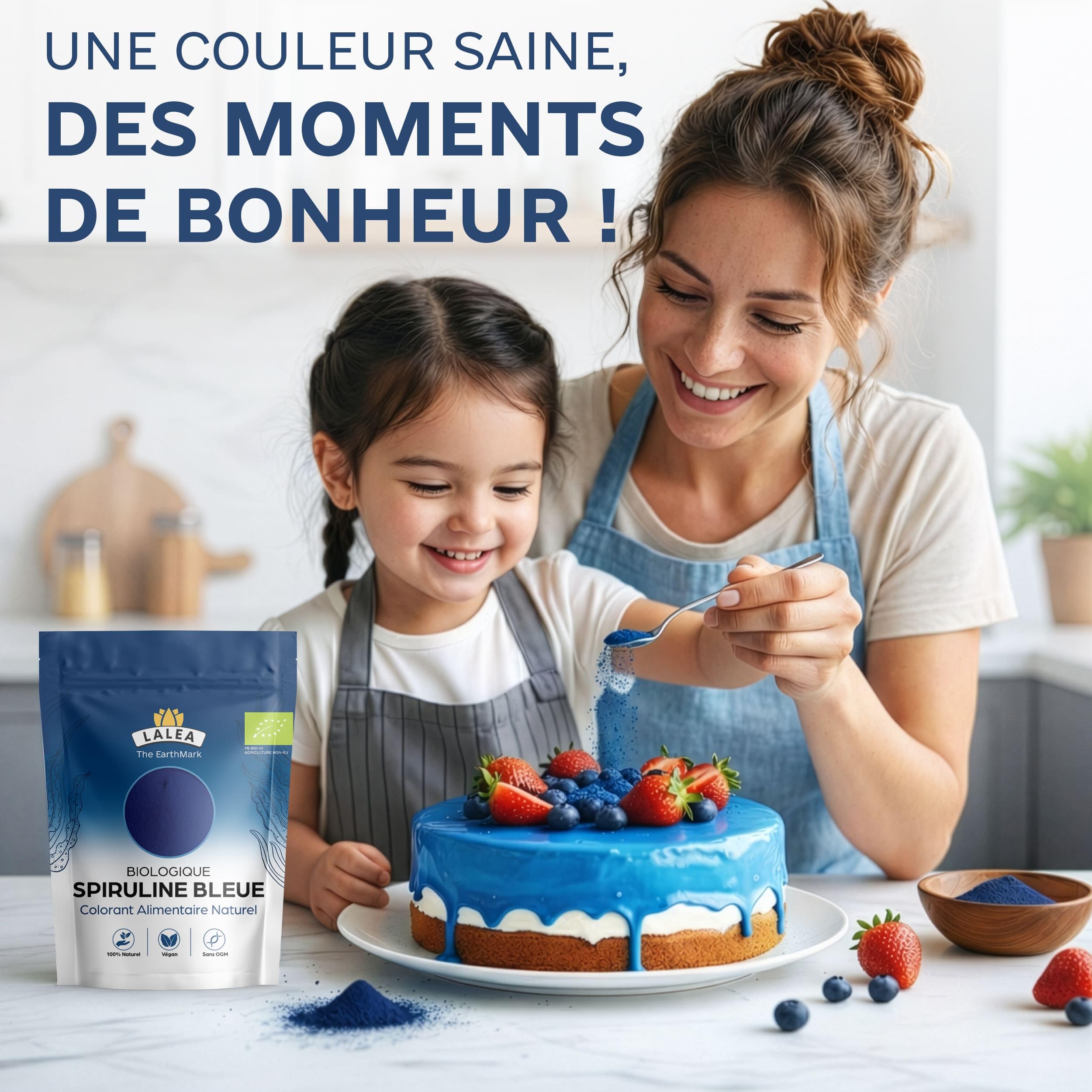 LALEA Spiruline Bleue BIO en Poudre 55g – Phycocyanine Bleue Pure Bio – Colorant Alimentaire Poudre Bleu Naturel (E18) – Spiruline Bleu Poudre pour Smoothies, Pâtisserie, Boissons & Desserts